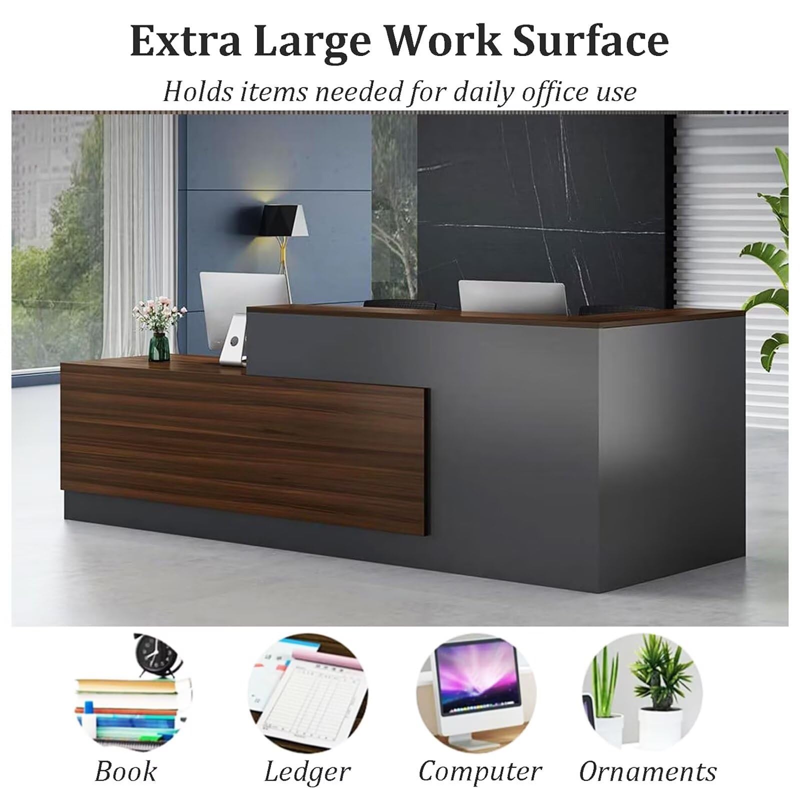 Modern L-Shaped Reception Counter Desk with Open Front Design - 200cm/79in Retail Checkout Table for Office, Store & Hotel Lobby - Durable Workstation for Customer Service & Cashier Areas