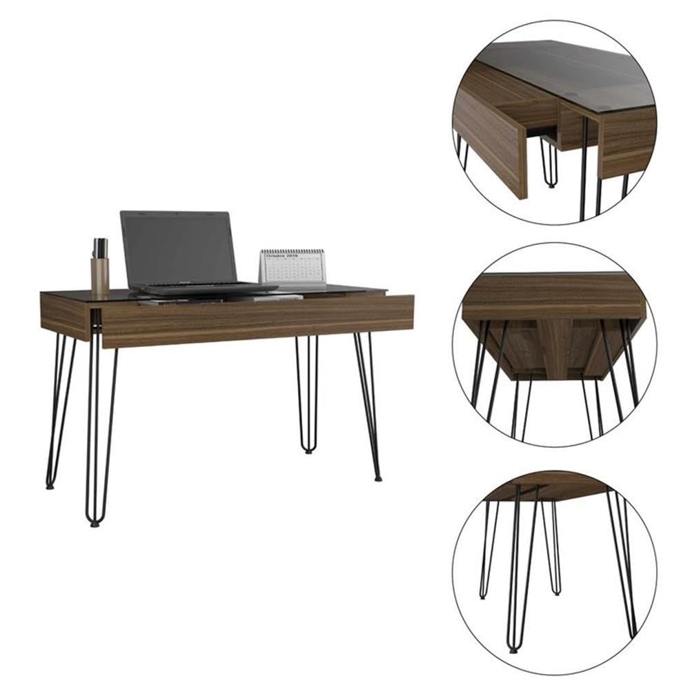 Modern Wood Desk with Abstract Steel Legs - Mahogany Finish Home Office Desk for Study, Work & Conference Room - Stylish & Durable Writing Table for Professionals & Students