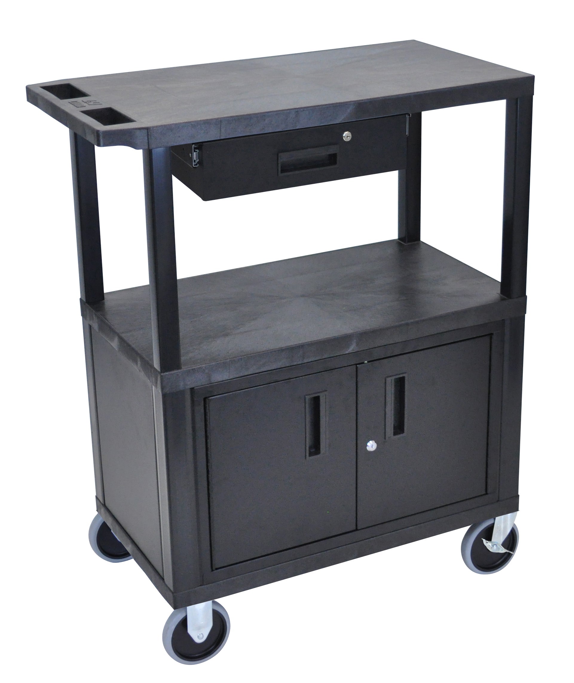 Luxor Black EC38CDHD B 18x32 Utility Cart with 3 Shelves, Cabinet & Drawer - Heavy Duty Casters for Kitchen, Office, or Workshop Organization