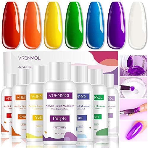 Vrenmol 7 Colors Acrylic Liquid Monomer for Nails - MMA Free, Non-Yellowing Nail Extension Liquid for DIY Colorful Acrylic Powder Nails - Perfect for Salon, Home Manicure & Nail Art Designs