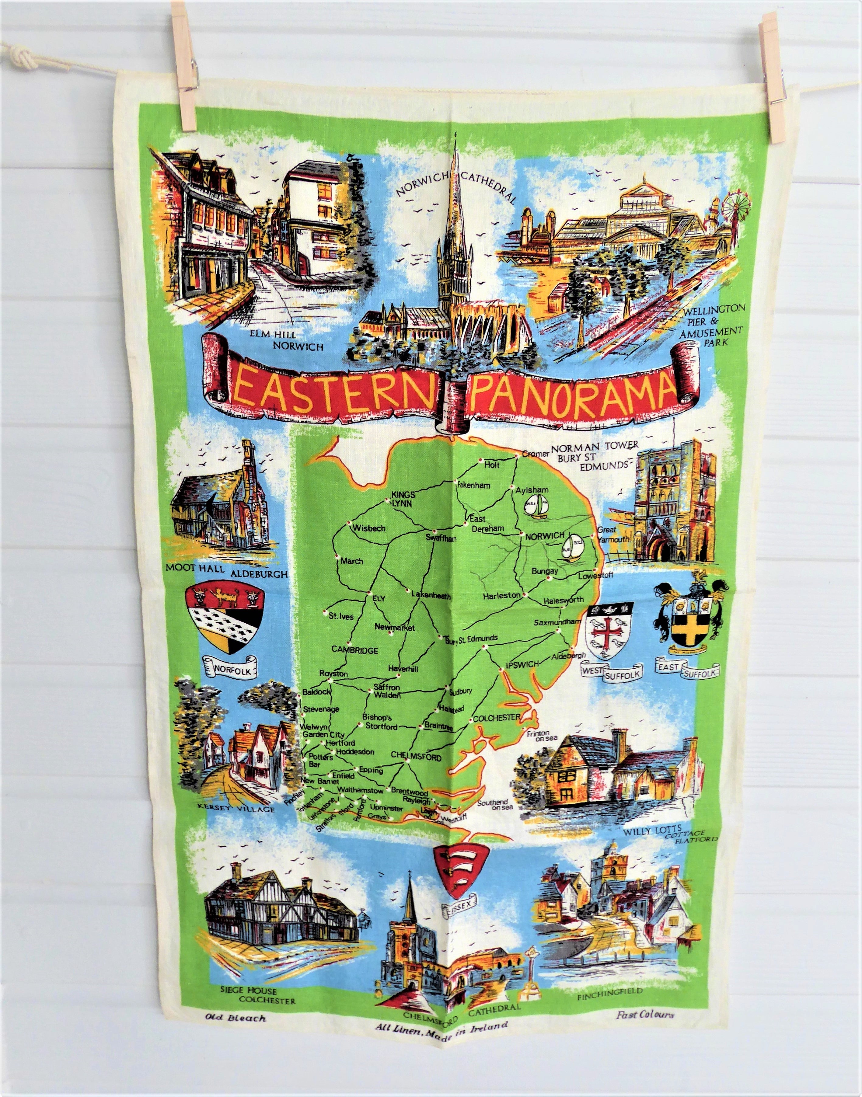 Vintage 1950s English Linen Dish Towel - Eastern Panorama Tea Towel for Sussex, Suffolk & Norfolk - Perfect for Kitchen, Dining & Vintage Home Decor