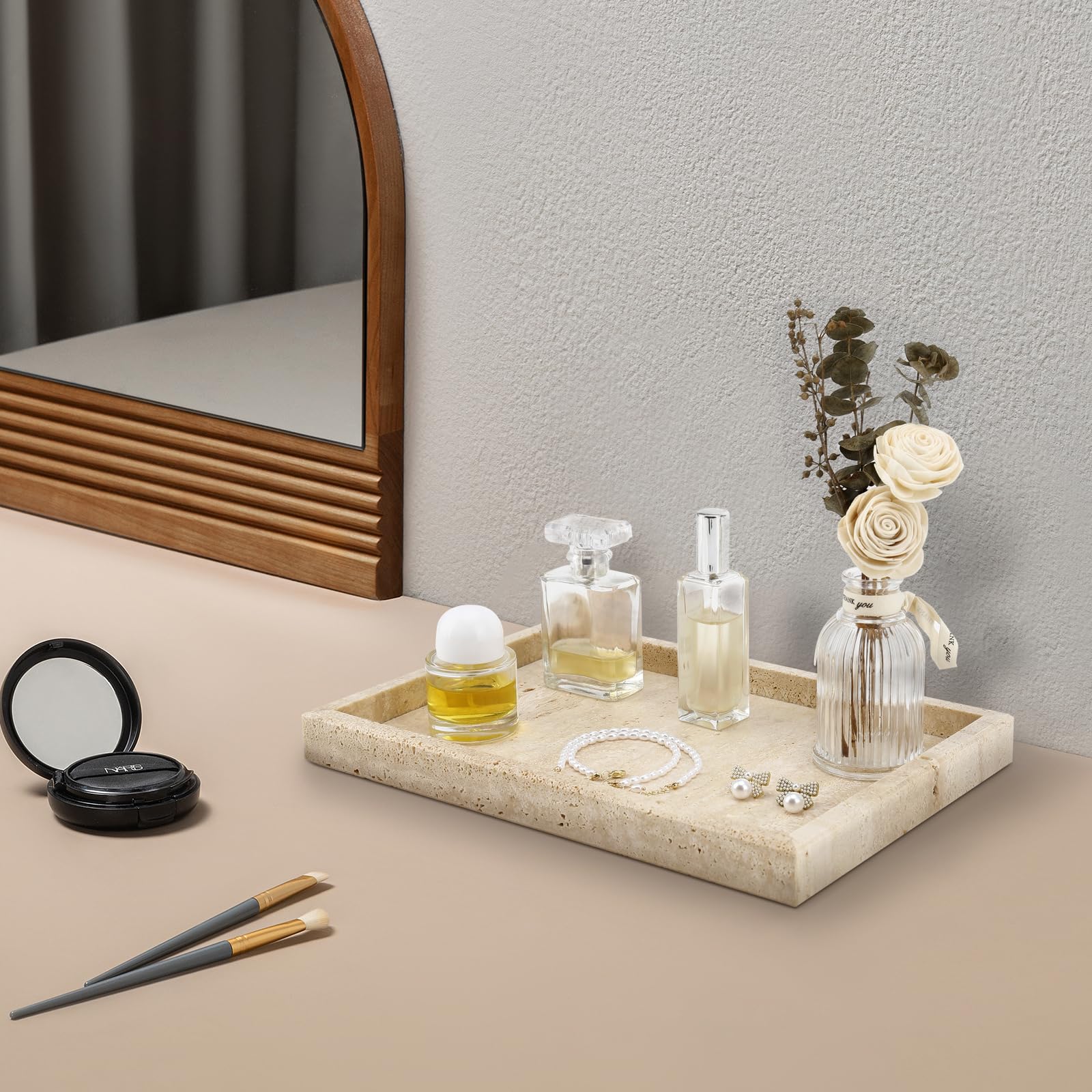 Natural Travertine Stone Tray - Rectangle Bathroom Vanity Organizer for Jewelry, Cosmetics & Perfume | Kitchen & Desktop Decorative Tray for Candles, Lotion & Home Decor | Perfect for Spa Days, Wedding Gifts & Luxury Bathroom Storage