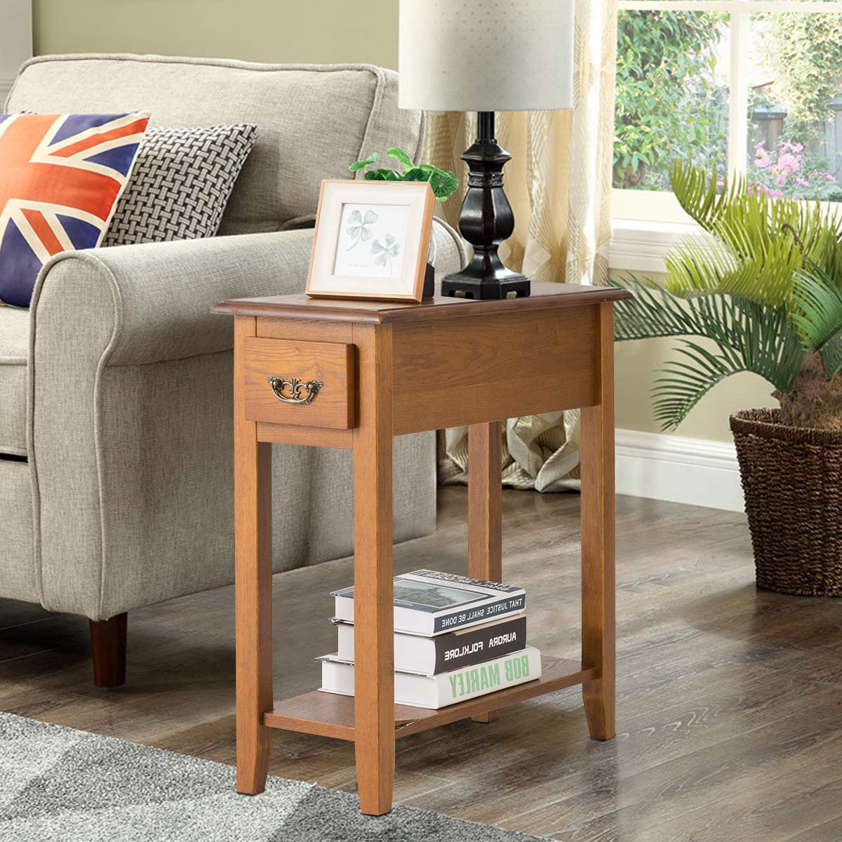 Tangkula Narrow End Table with Drawer & Open Shelf - Slim Side Table for Small Spaces, Compact Nightstand for Bedroom & Living Room - 9.8
