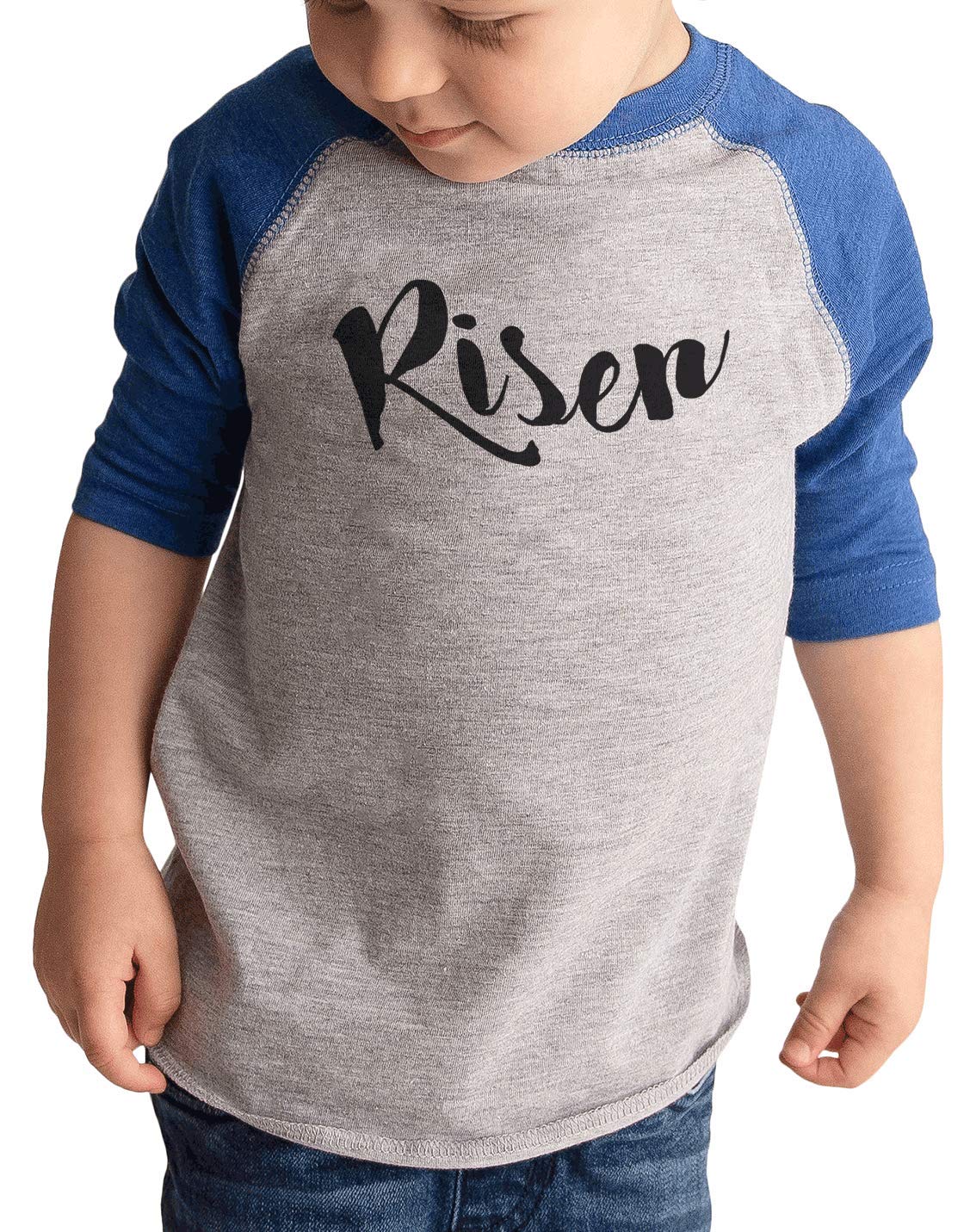 7 ate 9 Apparel Kids Risen Happy Easter Blue Raglan T-Shirt - Comfortable Easter Outfit for Boys & Girls - Perfect for Easter Egg Hunts, Church Services & Family Photos