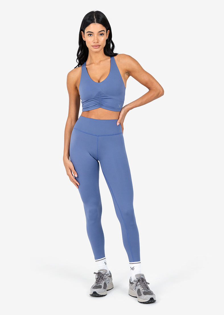 Elevate Touch Ruched Bra & 7/8 Legging Set in Indigo - Comfortable Workout Outfit for Yoga, Gym & Lounge Wear