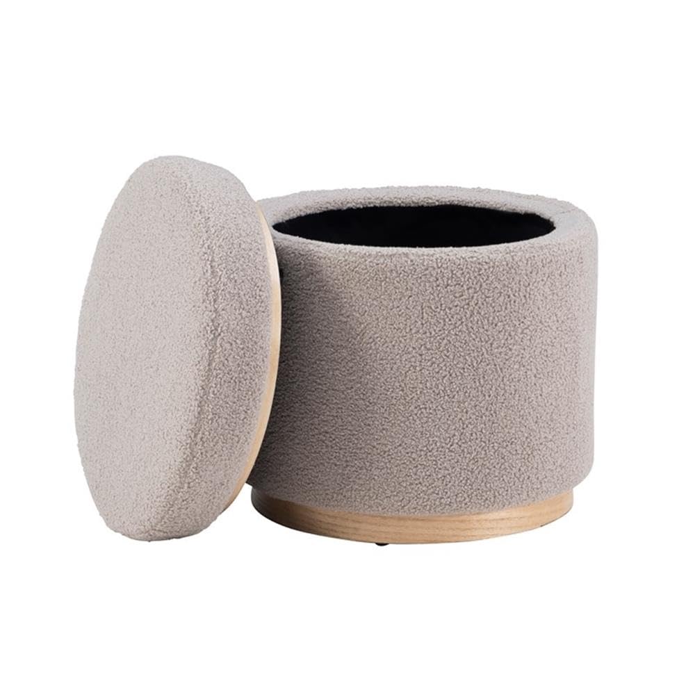 Linon Hawn Round Padded Storage Ottoman with Light Wood Trim - Gray Sherpa Fabric Upholstered Footrest Bench for Living Room, Bedroom & Home Decor