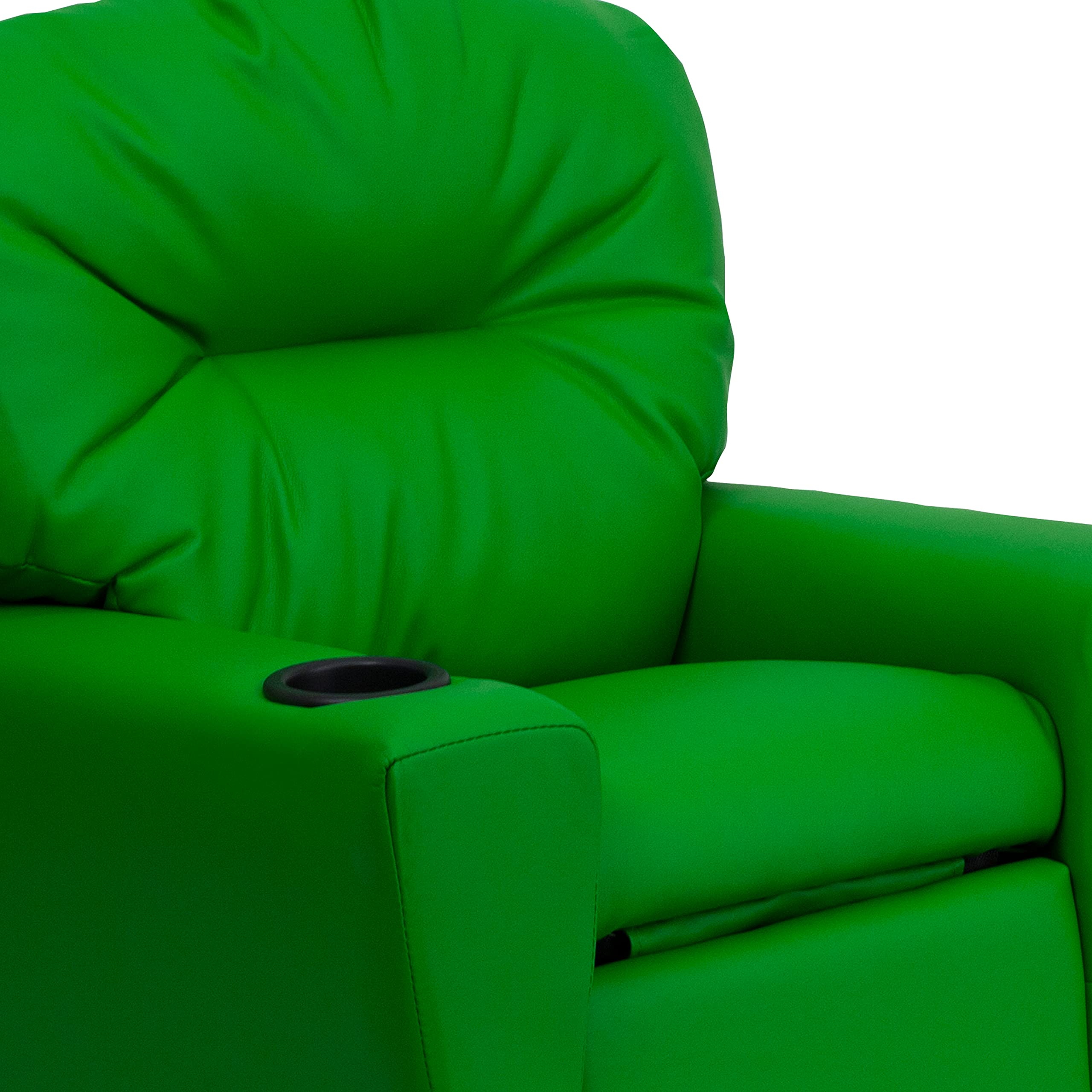 Emma & Oliver Green Vinyl Kids Recliner Chair with Cup Holder - Comfortable Children's Lounge Chair for Playroom, Bedroom or TV Time