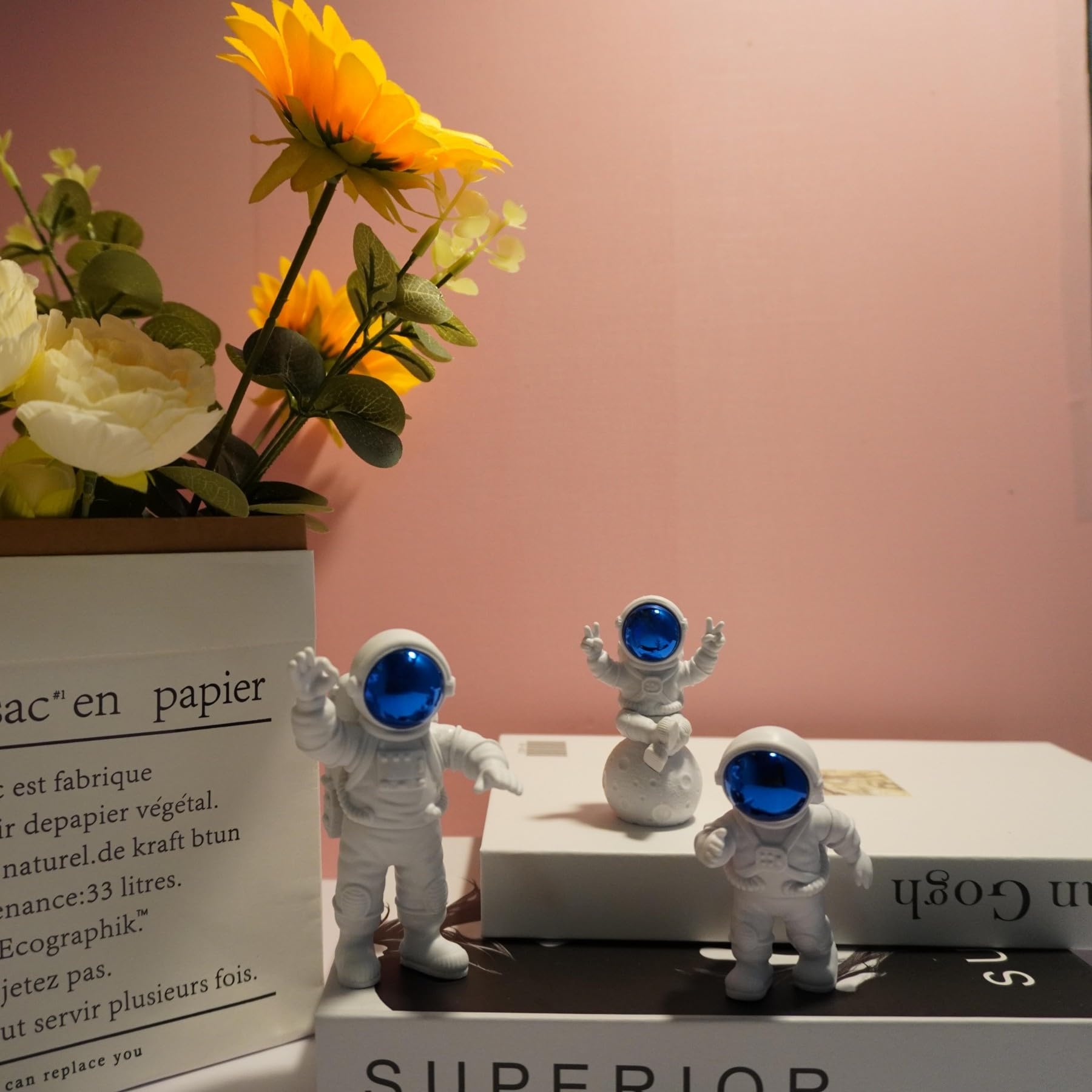 Blue and White Astronaut Figurines Set of 4 - Spaceman Sculpture Decor for Nursery, Cake Topper | Outer Space Theme Room Decor, Kids Birthday Party, Baby Shower, and Science-Themed Events