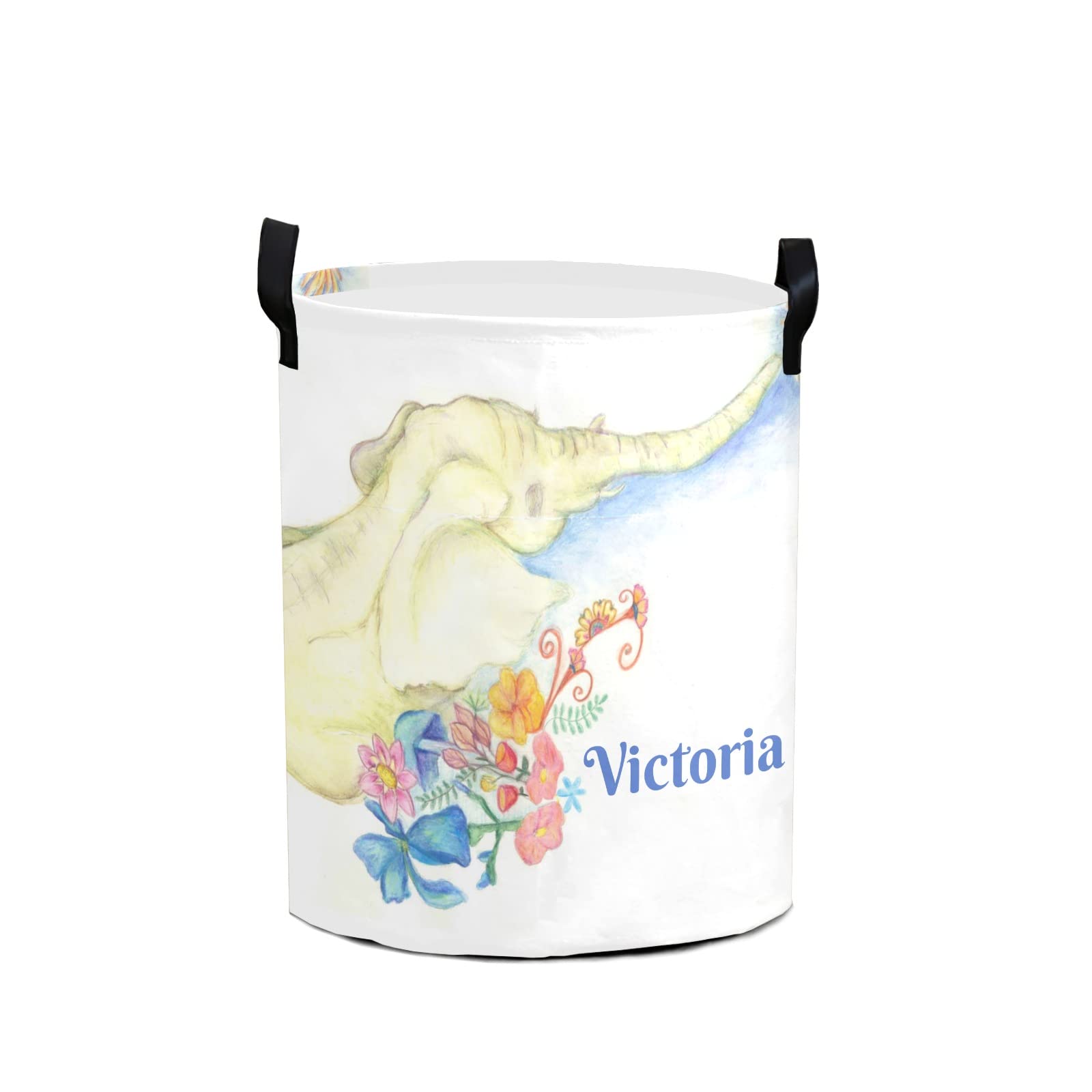 Custom Name Elephant Flower Watercolor Laundry Hamper - Collapsible Waterproof Clothes Storage Basket for Bedroom Decor & Dirty Clothes Organization | Perfect Gift for Home, Dorm, or Nursery