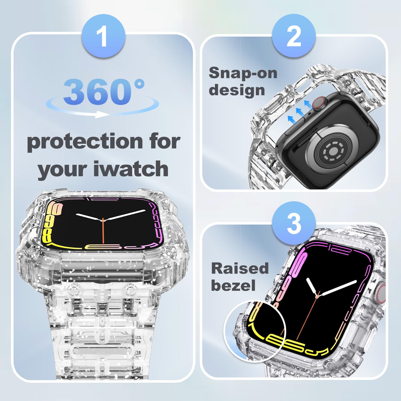 Clear Protective Case & Shockproof Strap Compatible with Apple Watch Series 8/7/6/5/4/3/2/1 & SE - 38mm 40mm 41mm 42mm 44mm 45mm Sizes - Perfect for Gym, Running & Everyday Wear