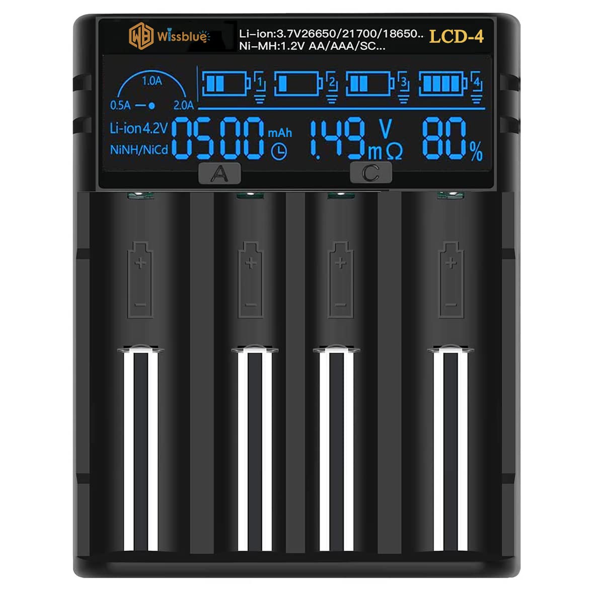 WISSBLUE 18650 Battery Charger with LCD Screen - Fast 2A Adjustable Charger for 18650, 26650, 21700, 18350, 17500, 14500, NiMH & NiCd AA AAA Batteries - Perfect for Flashlights, Vaping Devices & Electronics
