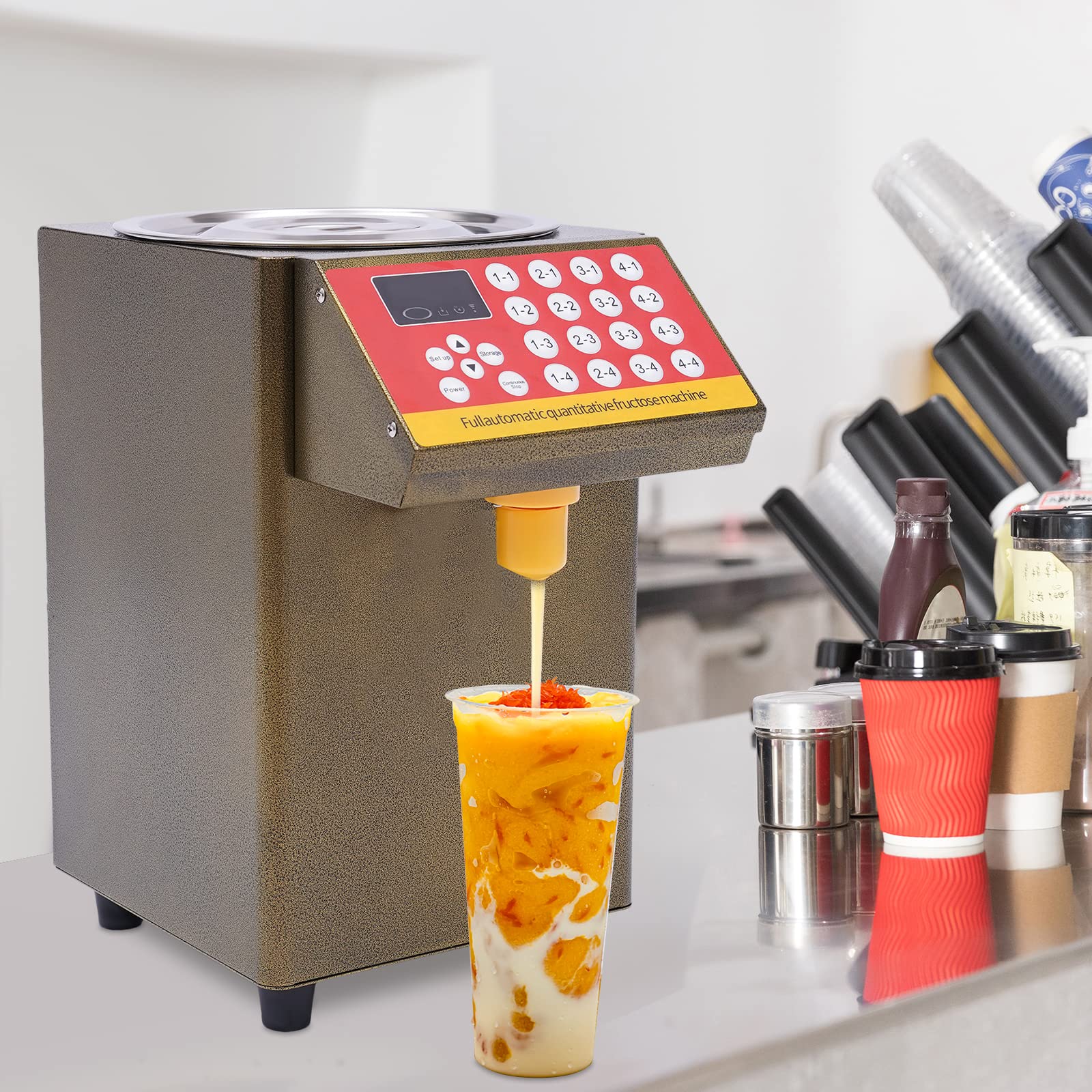 Automatic Sugar Syrup Dispenser - 8000CC Stainless Steel Fructose Dispenser with Quantitative Outlet for Coffee Shops, Bubble Tea & Dessert Making