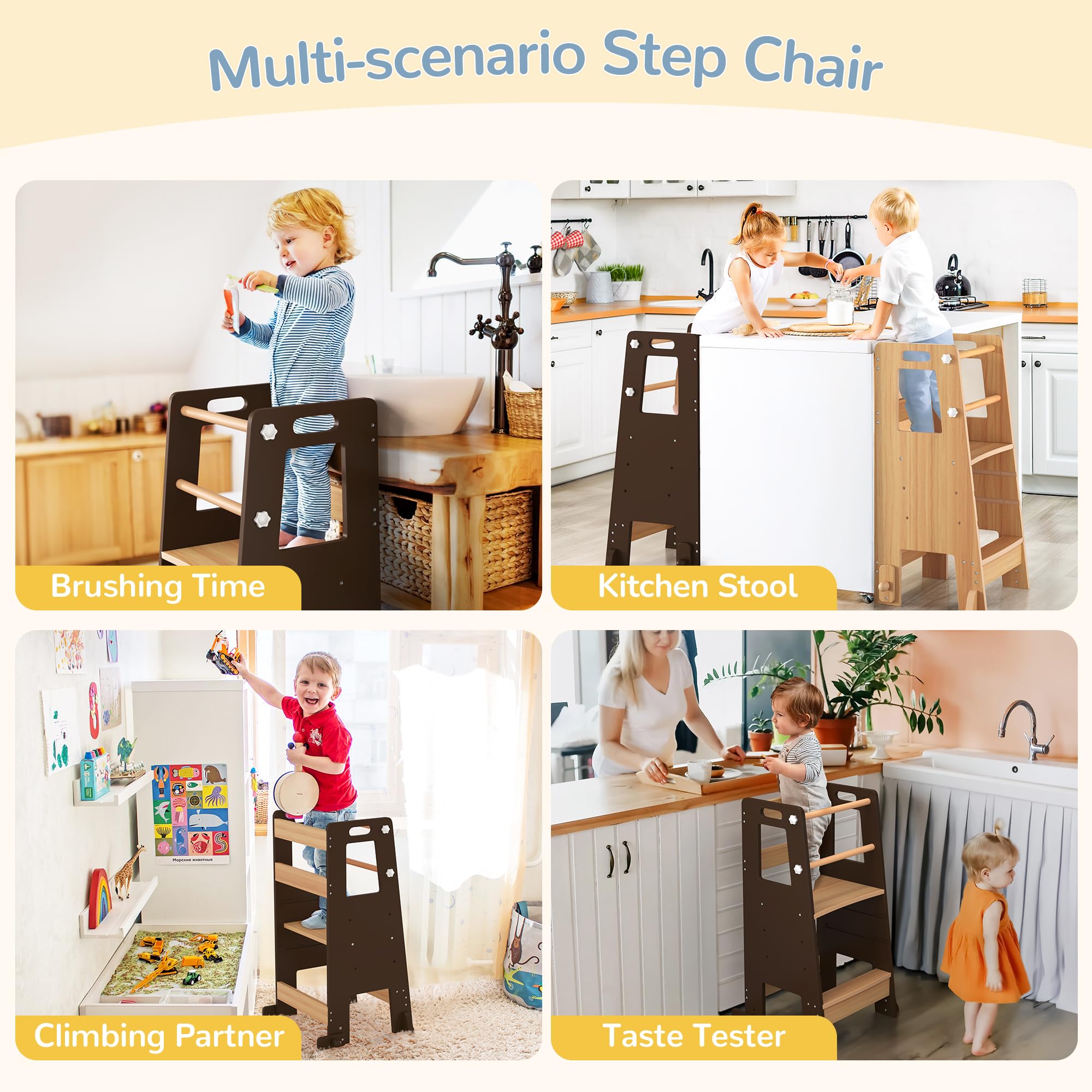 **Adjustable Toddler Step Stool with Safety Rails - Dark Natural Wood Kitchen Helper Tower for Kids - Perfect for Cooking, Bathroom Sink & Bedroom Climbing**
