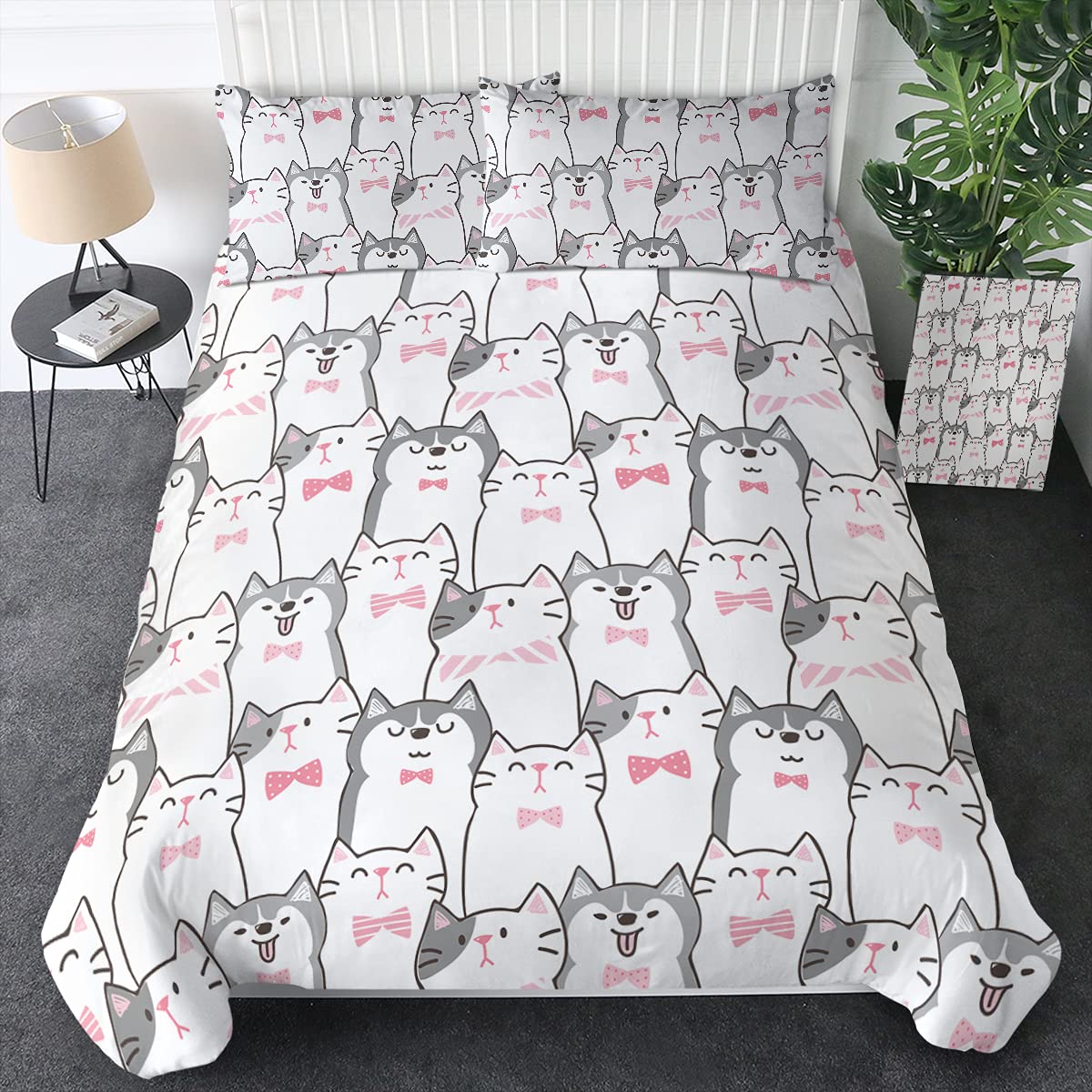 Sleepwish Grey Cat Duvet Cover Set - Cartoon Cat & Dog Print 3-Piece Bedding with Zipper Closure | Soft Animal Pattern Comforter Cover for Kids, Teens & Girls (Full Size) | Perfect for Kids' Bedrooms, Dorm Rooms & Cozy Sleepovers