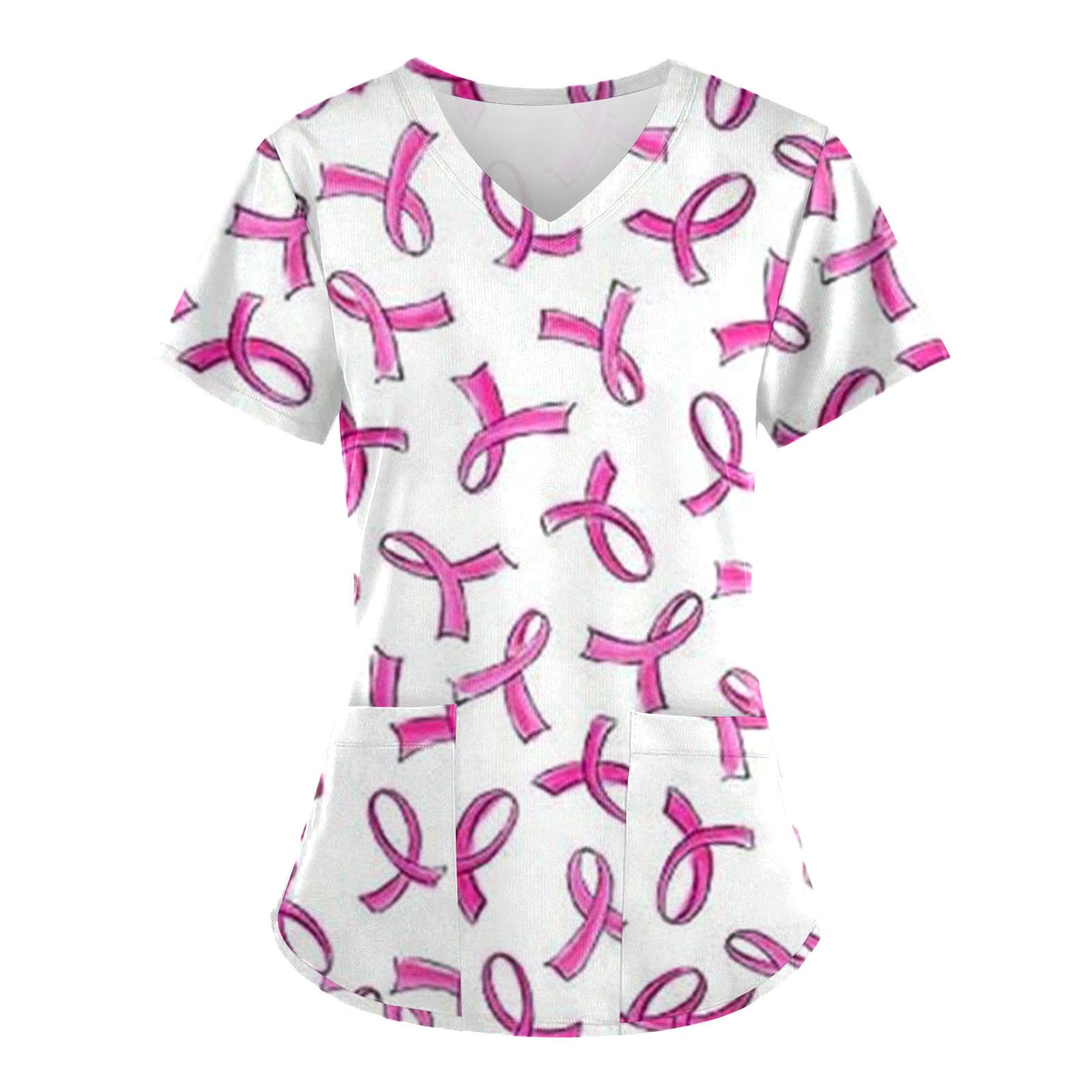 Breast Cancer Awareness Work Scrub Shirts for Women - Short Sleeve V-Neck Moon Print Tops for Summer & Fall 2025 | Comfortable Medical Uniform Blouses for Nurses & Healthcare Workers