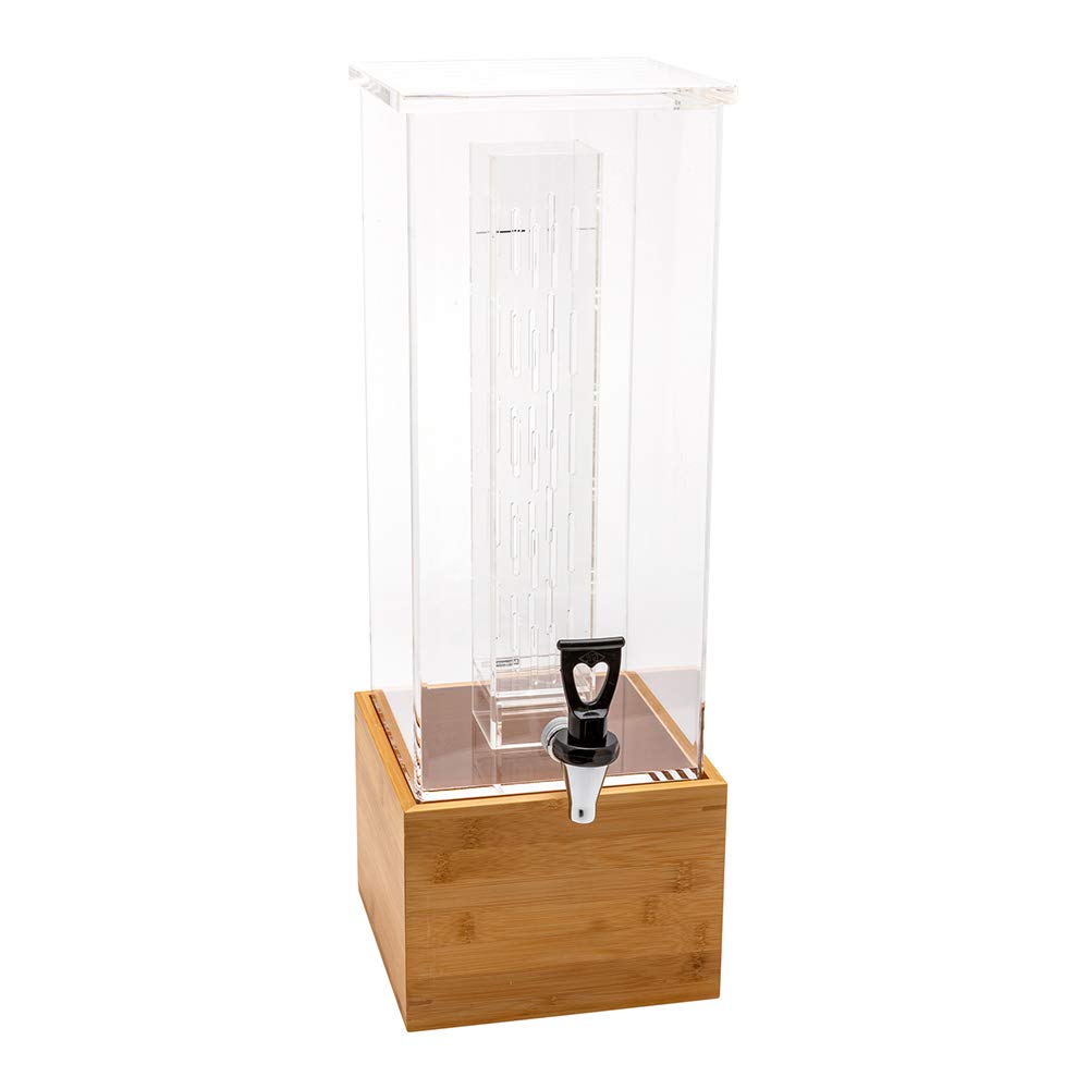 2 Gallon Square Beverage Dispenser with Infusion Core & Bamboo Base - Clear Acrylic Drink Dispenser with Stand & Easy-Use Spigot for Parties, Events, Catering & Restaurants