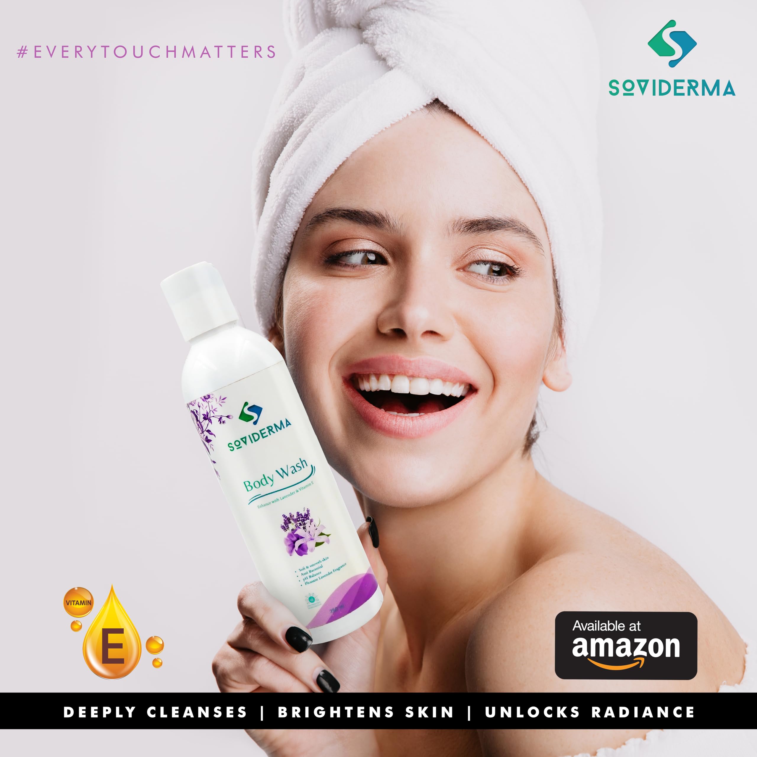 Soviderma Vitamin E Body Wash for Glowing Skin - Deep Cleansing & Brightening Formula with Lavender | Hydrating Shower Gel for Dry, Sensitive Skin | Perfect for Daily Use & Spa-Like Relaxation