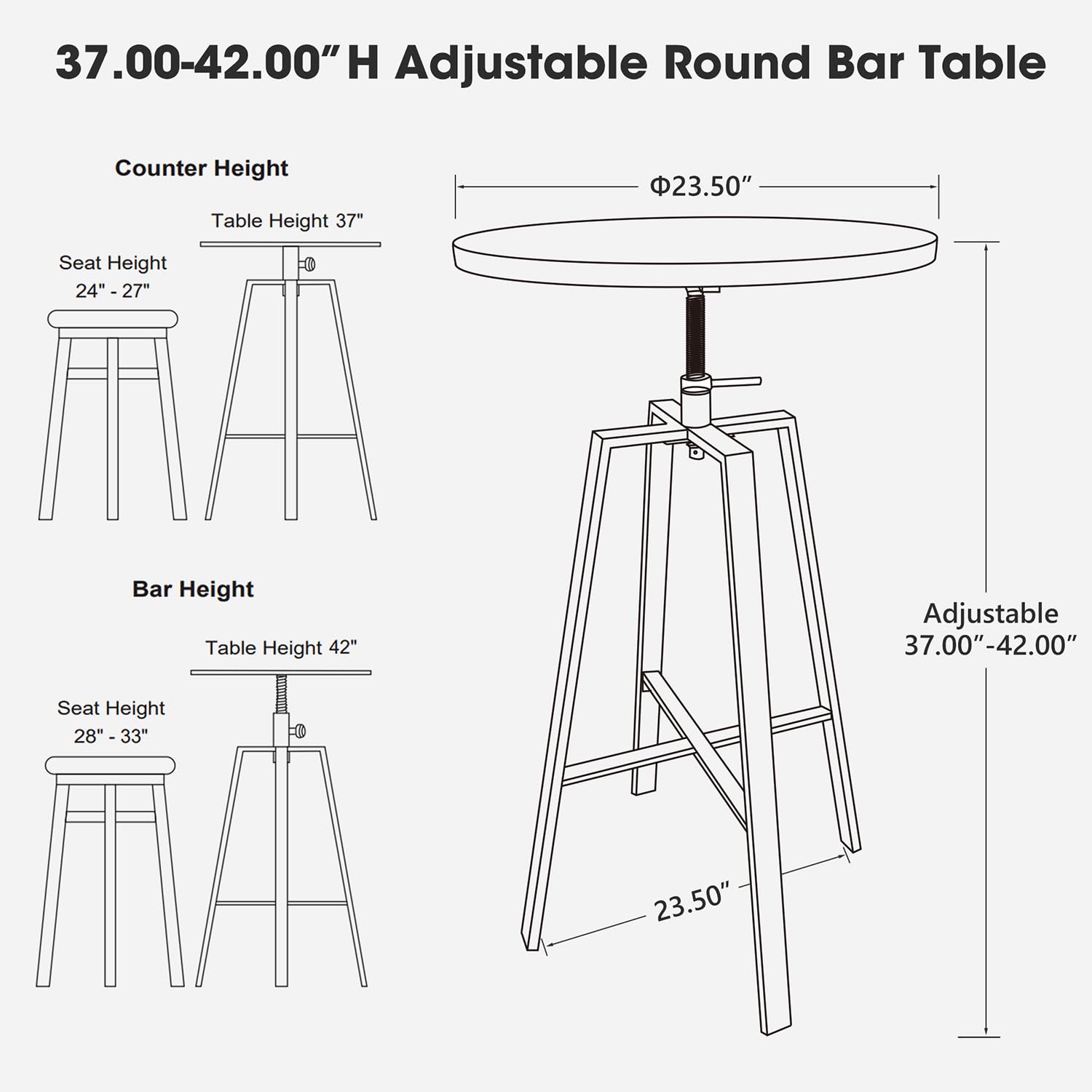 Industrial Modern Bar Table - Height Adjustable Round Pub Table 37-42 Inches, Walnut Veneer Cocktail Table with Sturdy Metal Base - Perfect for Small Spaces, Home Bars, Restaurants & Outdoor Patios