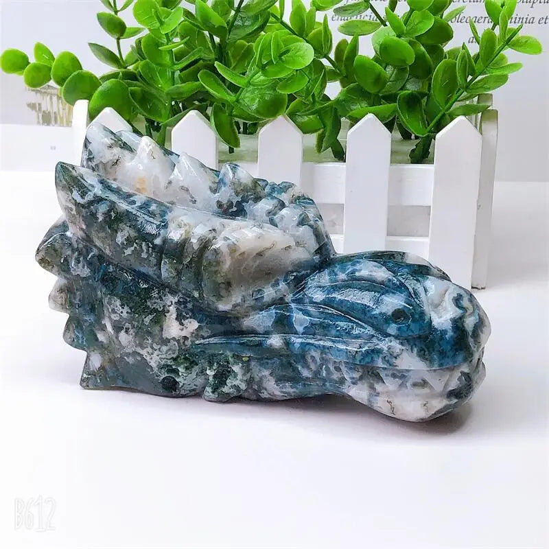 14CM Natural Moss Agate Dragon Skull Crystal Carving - Healing Stone, Fashion Jewelry & Home Decor - Unique Birthday & Holiday Gift for Collectors, Meditation & Gothic Decor (1 Piece)