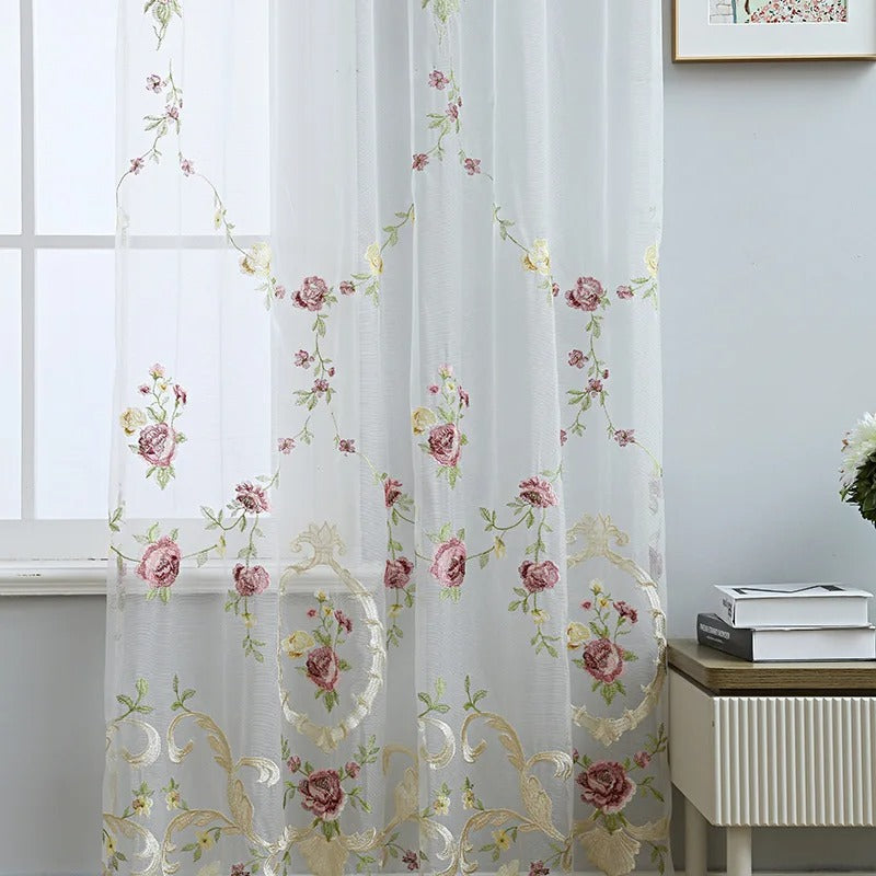 Luxury Pink Floral Embroidered Sheer Curtains - White - Elegant Window Drapes for Living Room, Bedroom & Home Decor