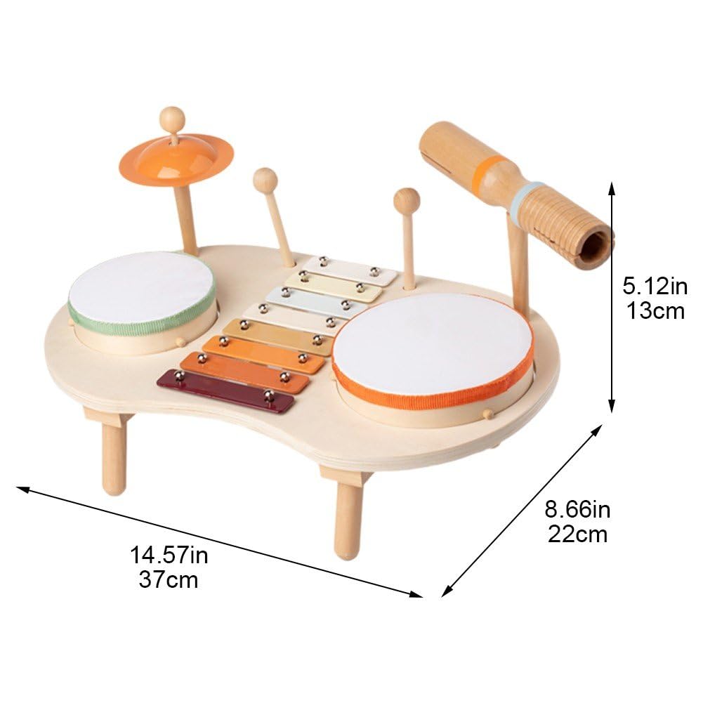 Kids Wooden Drum Kit - Montessori Musical Toy Set for Babies & Toddlers - Early Education Instrument with Natural Wood Design - Perfect for Home Play, Classroom Learning & Birthday Gifts