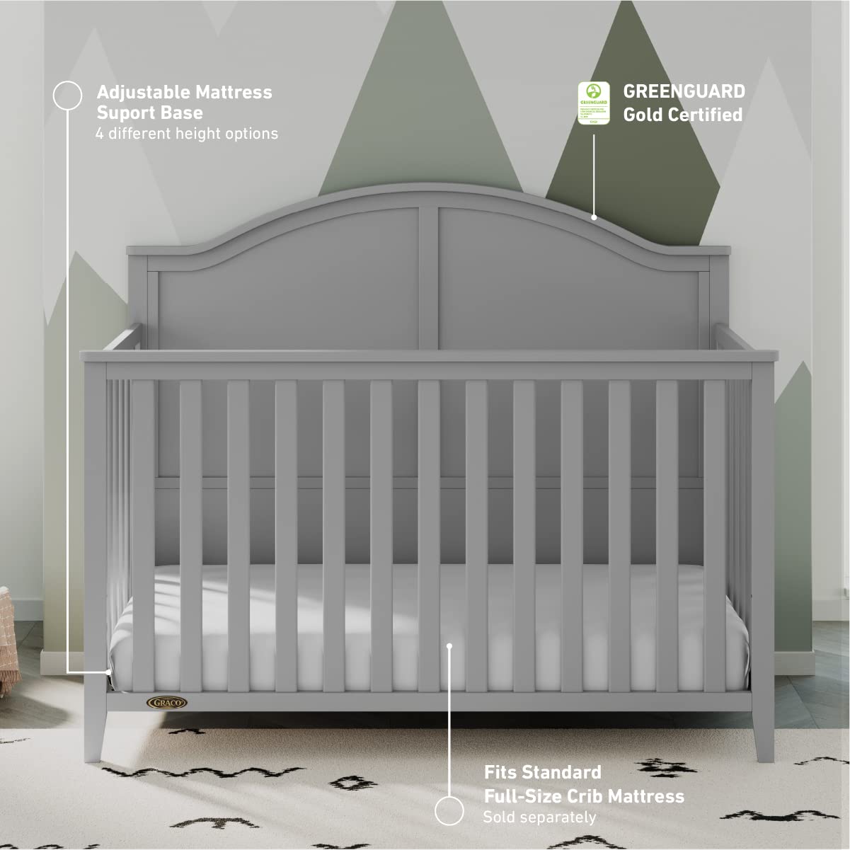 Graco Wilfred 5-in-1 Convertible Baby Crib in Pebble Gray – GREENGUARD Gold Certified, Converts to Toddler Bed & Full-Size Bed, Adjustable Mattress Base, Fits Standard Crib Mattress – Perfect for Nursery, Daycare or Guest Room