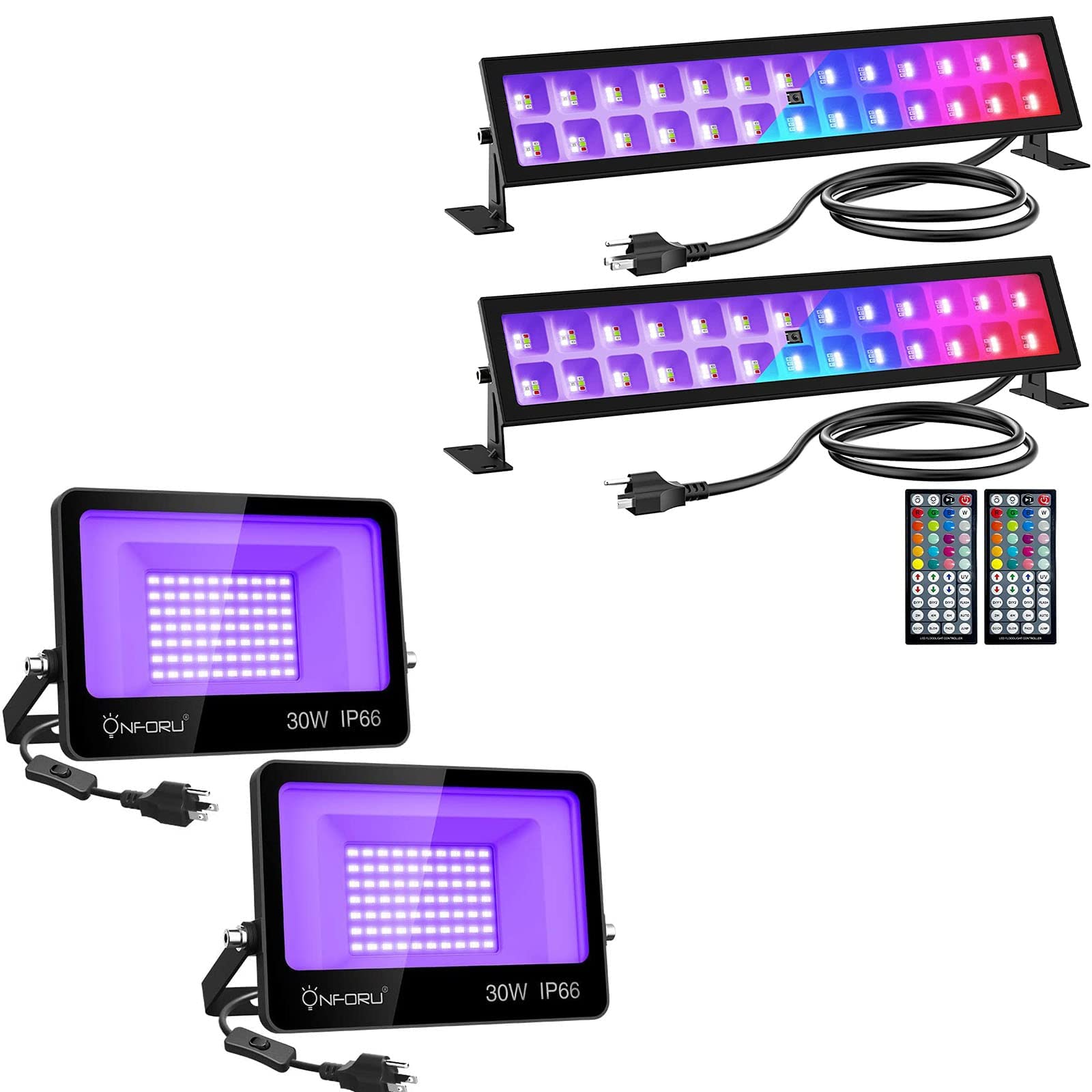 Onforu 48W LED Black Light Bar & 2-Pack 30W LED Black Lights - RGB Color Changing Stage Lighting for Outdoor, Dance Party, Aquarium, Body Paint | IP66 Waterproof Landscape Lights for Events & Decor