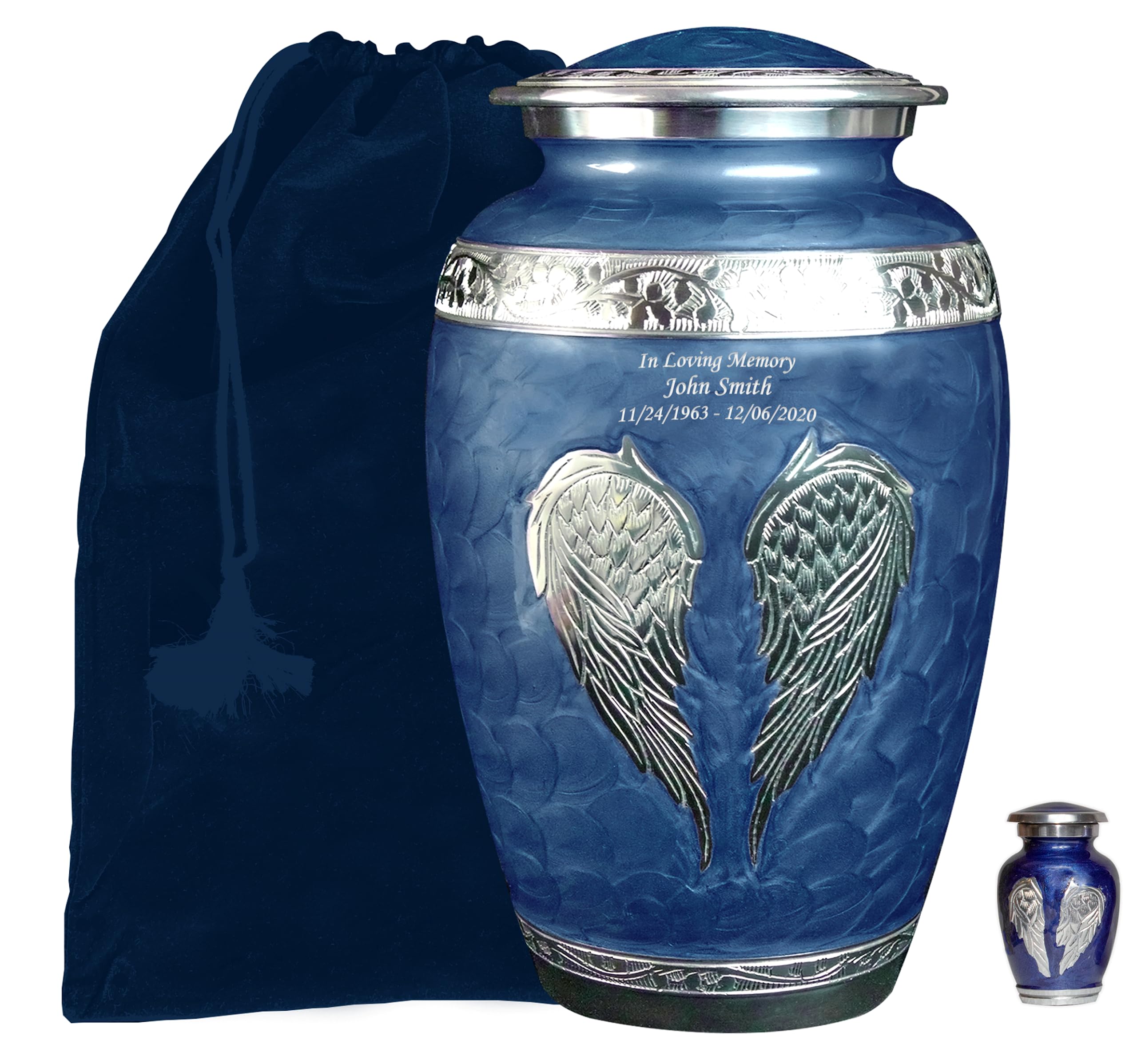 Royal Blue Angel Wings Funeral Cremation Urn Set - Personalized Memorial Urn with Matching Keepsake & Velvet Bags - Large Size for Ashes - Perfect for Memorial Services, Home Display & Remembrance Ceremonies