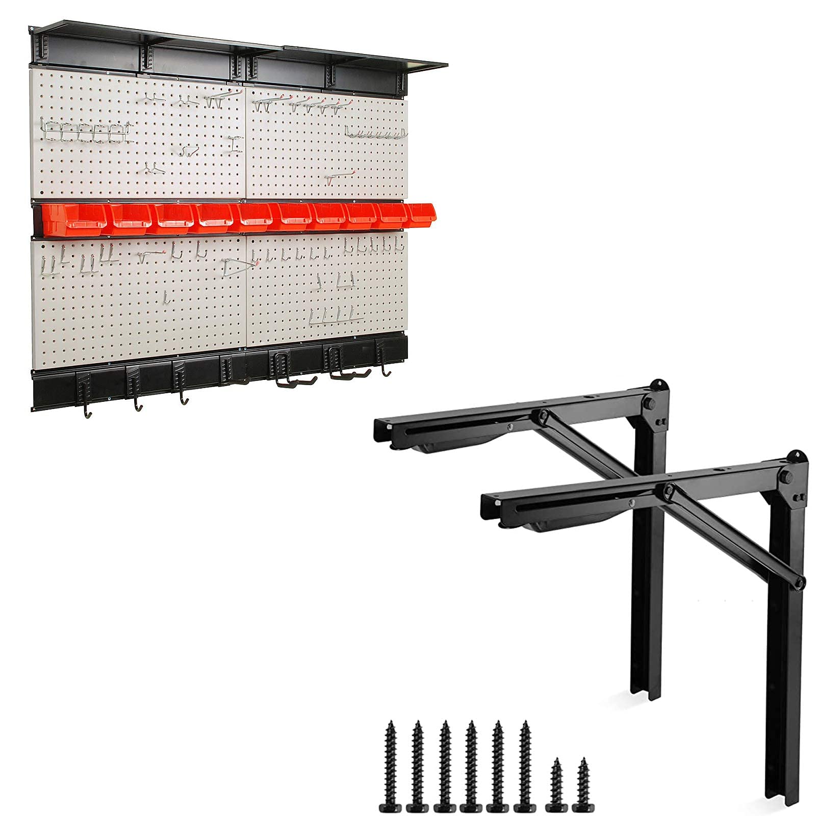 48x36 Inch Pegboard with Hooks & 24 Inch Folding Shelf Bracket - Wall Mounted Organizer for Garage, Workshop, Kitchen & Home Storage - Heavy Duty Steel Peg Board with Collapsible Shelves