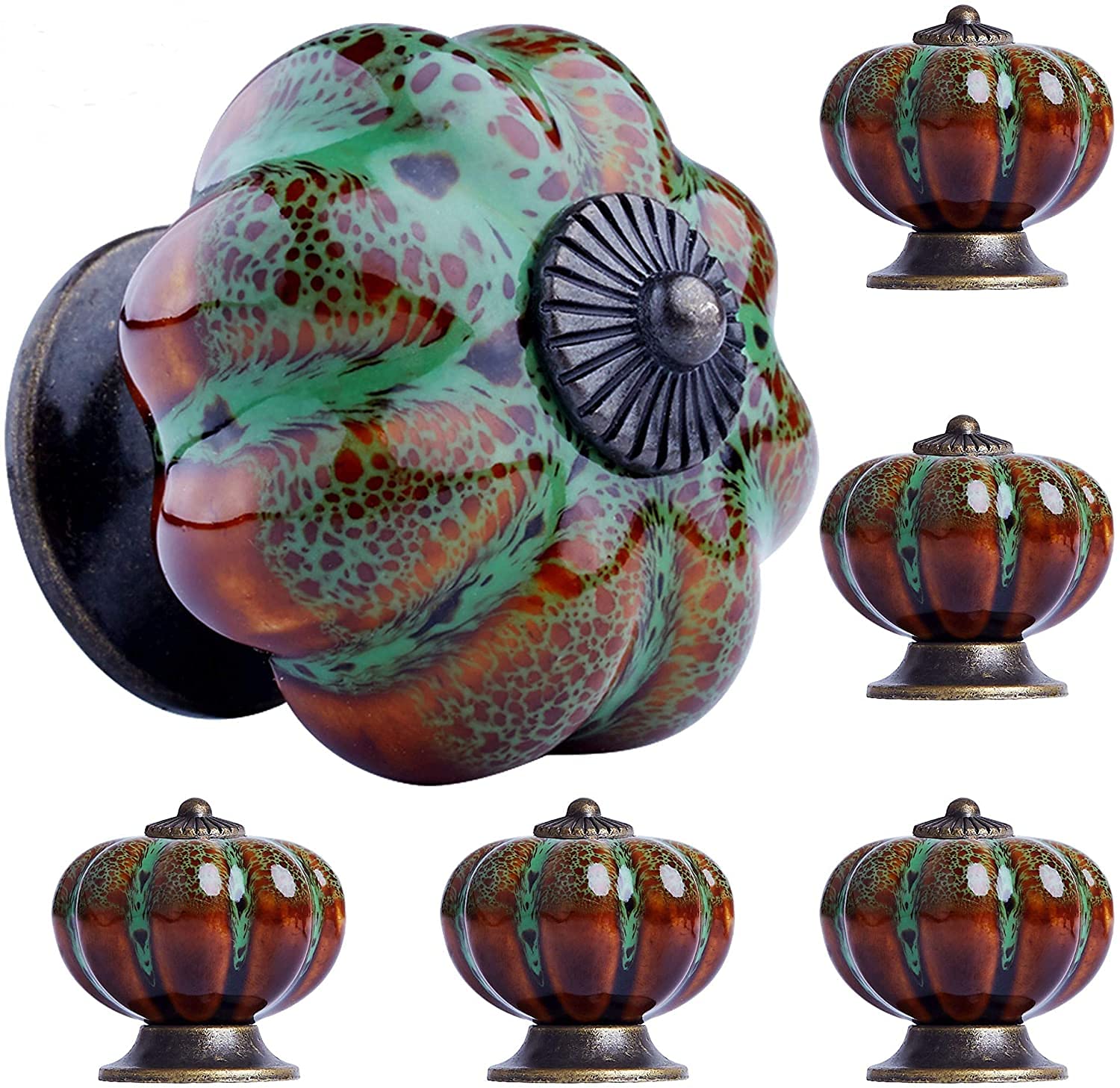 OLAYA Vintage Ceramic Cabinet Knobs - 18 Pack Pumpkin Shaped Drawer Pulls for Dresser, Closet & Furniture (Pumpkin Green) - Perfect for Halloween Decor, Farmhouse Style & Home Renovation Projects