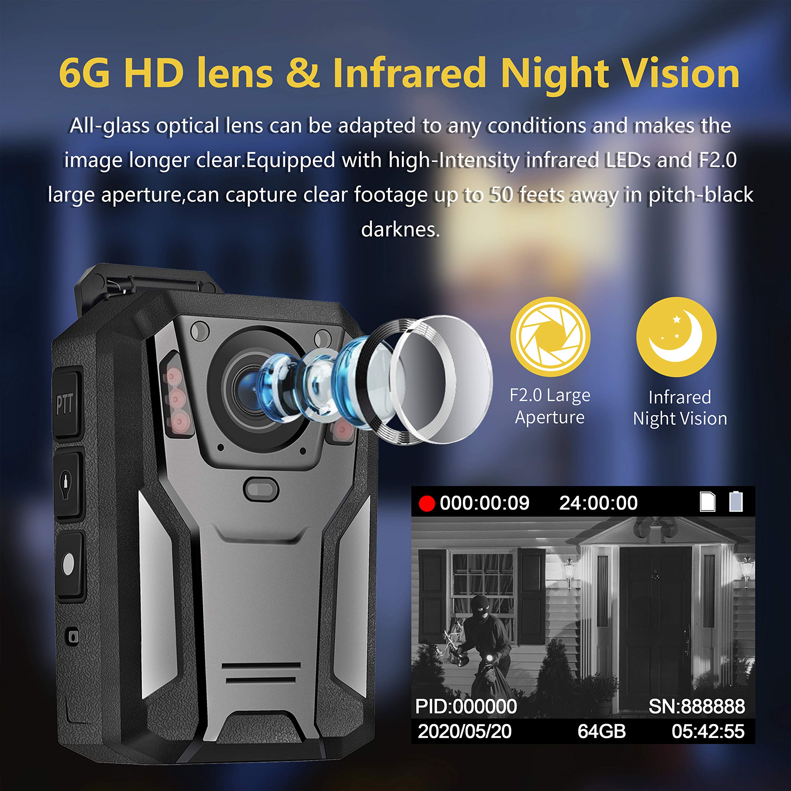JWKG P100 2K Police Body Camera - 64GB Body Cam with 12H Continuous Recording, USB-C, Infrared Night Vision, Waterproof & Shockproof for Law Enforcement - Ideal for Police Patrols, Security Guards, and Evidence Collection
