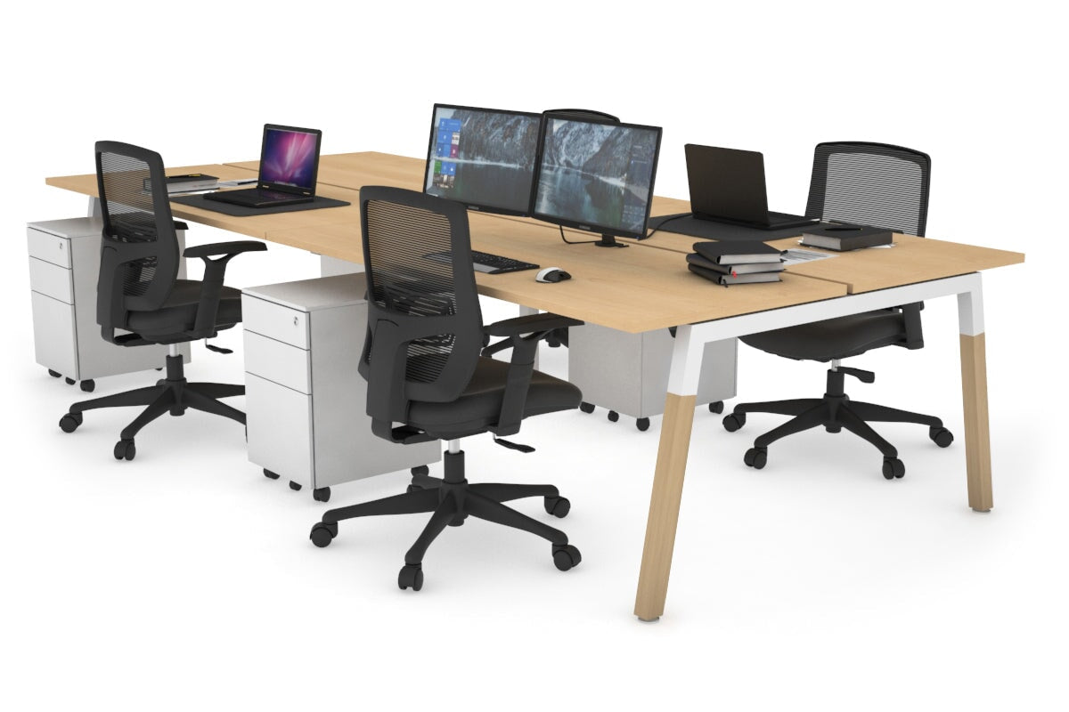 Quadro A Legs 4-Person Office Workstation with Wood Legs & Cross Beam [1800L x 700W] - Perfect for Collaborative Workspaces, Home Offices, and Modern Work Environments