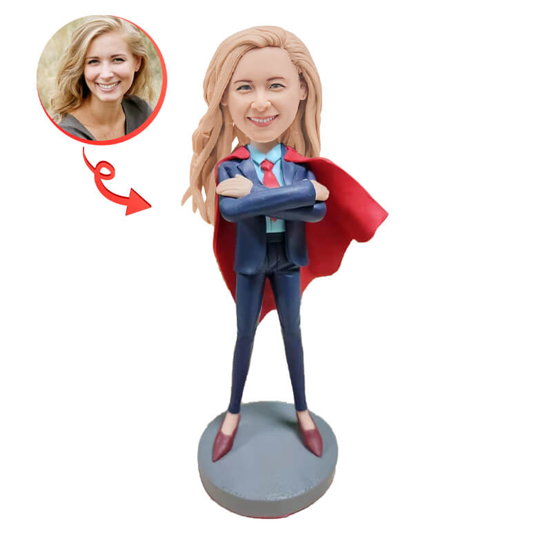 Custom Super Woman in Formal Office Suit Bobblehead - Personalized Superhero Desk Decor for Office, Home & Gifts | Fun Collectible for Superhero Fans & Professionals