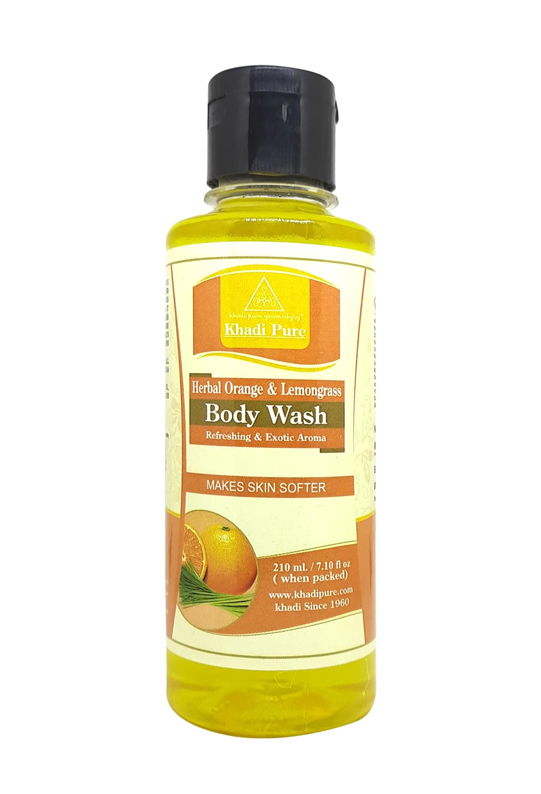 Khadi Pure Herbal Orange & Lemongrass Body Wash 210ml | Natural Ayurvedic Shower Gel for Soft Skin | Refreshing Citrus Aroma for Morning & Evening Bath Routine