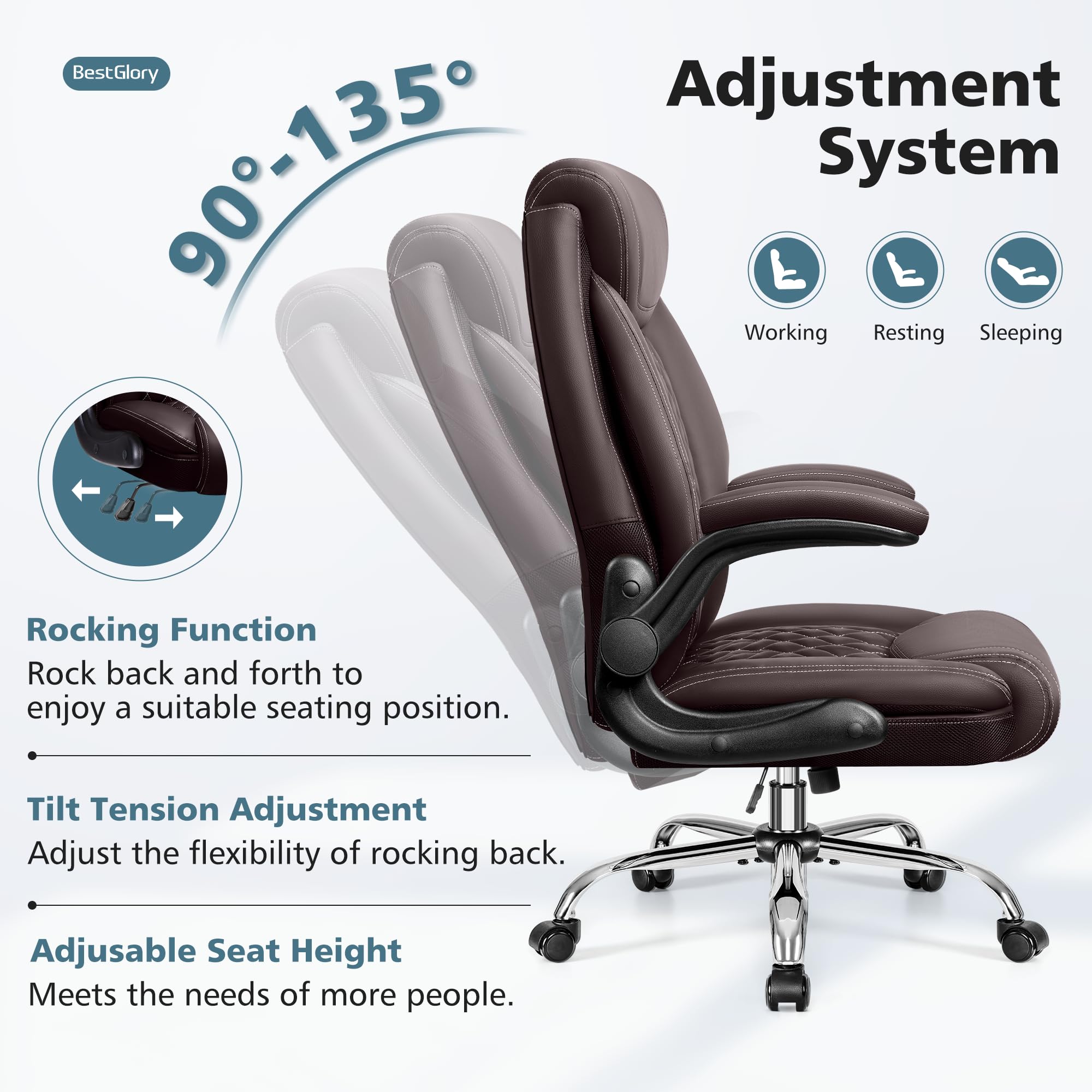 Ergonomic High Back Office Chair - Big & Tall Breathable Leather Desk Chair with Lumbar Support & Flip-Up Armrests - Adjustable Computer Chair with Rocking Function for Home Office, Gaming & Workspace Comfort