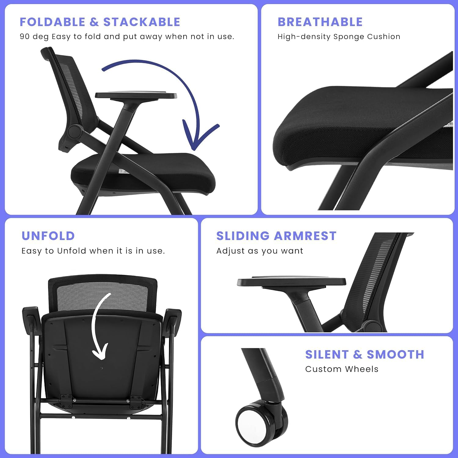 4 Pack Stackable Conference Room Chairs with Wheels - Ergonomic Mesh Back Office Chairs with Adjustable Arms & Paddle for Meeting, Training, Reception & Home Office - Perfect for Conference Rooms, Coworking Spaces & Home Workstations