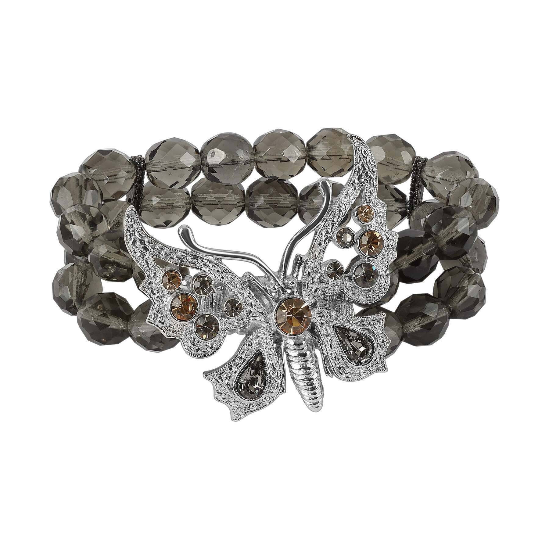1928 Jewelry Butterfly Light Topaz & Black Diamond Crystal Stretch Bracelet for Women - Elegant Fashion Jewelry Gift for Birthday, Anniversary & Special Occasions