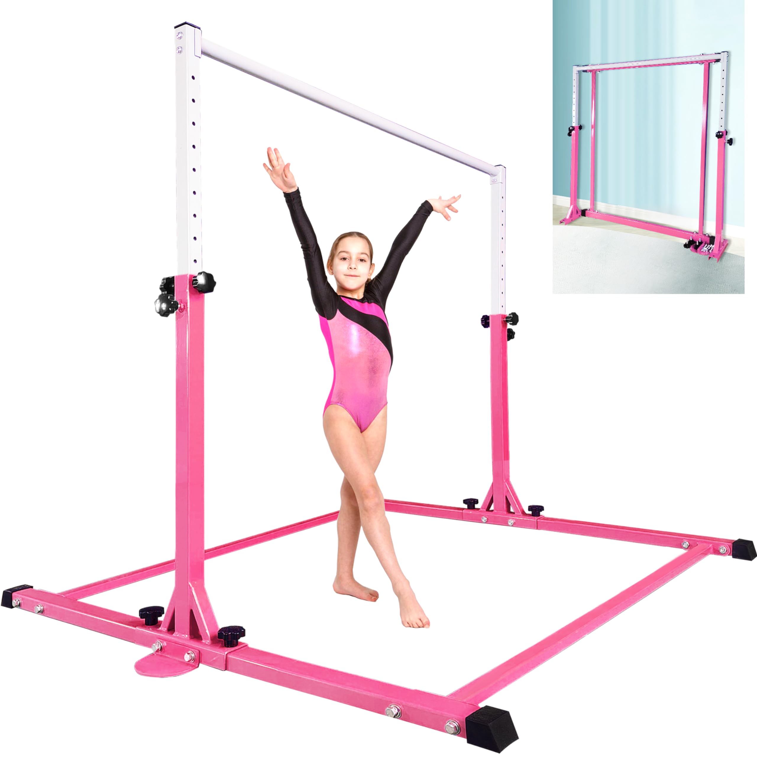 Adjustable Gymnastics Bar for Kids Ages 3-12 | No Wobble Kip Bar with 300 lbs Weight Limit | Home Training Equipment for Beginner Gymnasts | Perfect for Indoor Practice, Backyard Play & Skill Development