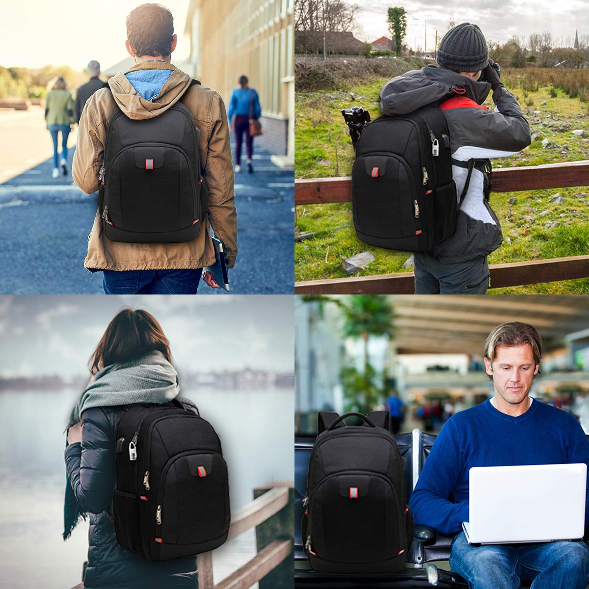 Della Gao Anti Theft Travel Laptop Backpack for Men & Women - USB Charging Port, Water Resistant, Fits 17 Inch Laptop, Large Business Computer Bag - Perfect for Work, School & Travel, Black