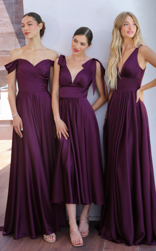 Elegant Maggie Midi Dress in Eggplant Purple - Soft Satin A-Line Tea Length Dress for Women | Perfect for Cocktail Parties, Weddings & Formal Events