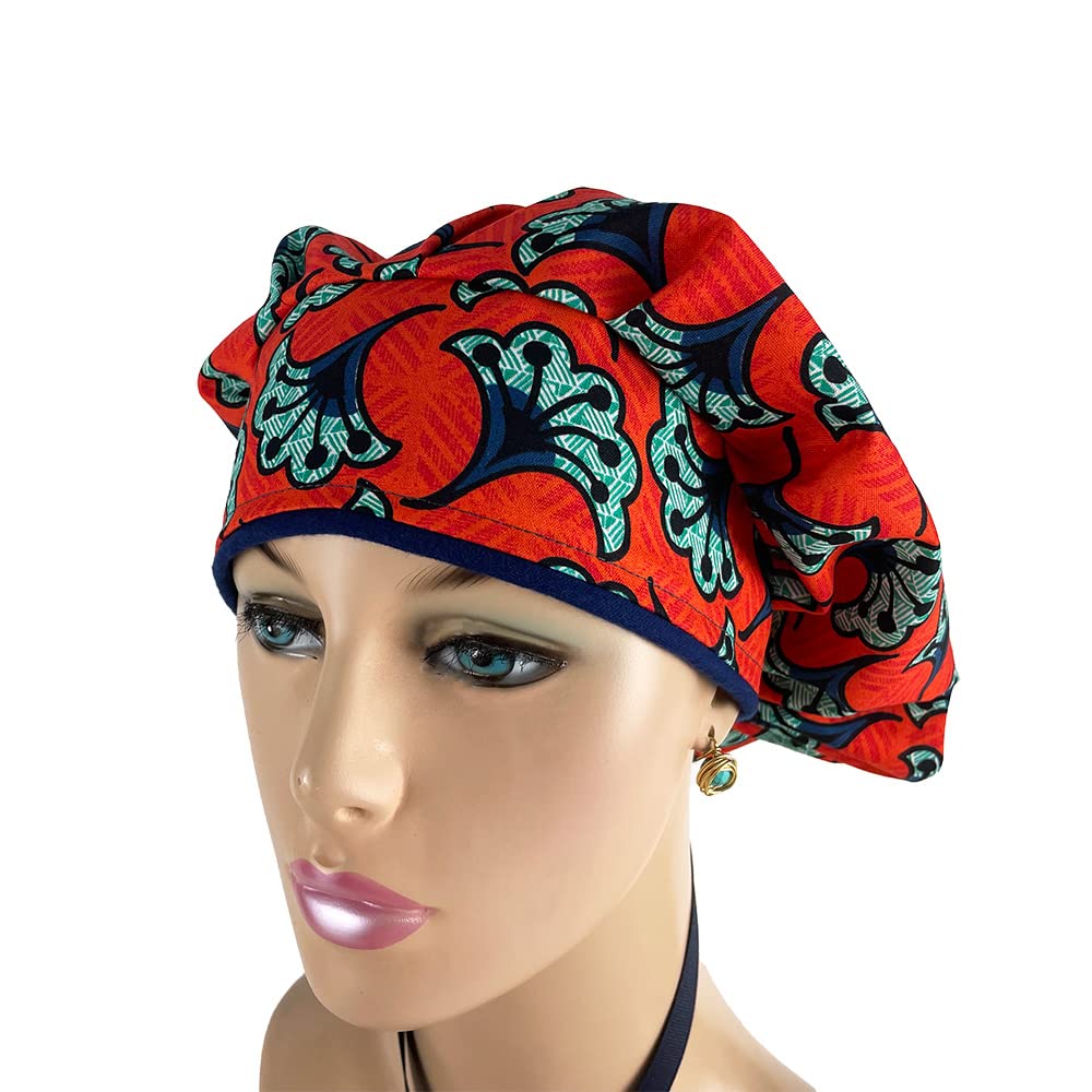 Black History Month Orange Floral Bouffant Medical Scrub Cap with Sweatband - Unisex Surgical Hat for Doctors & Nurses - Ponytail-Friendly Design for Healthcare Professionals - Perfect for Hospitals, Clinics & Medical Offices