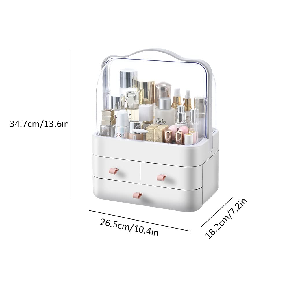 Makeup Organizer - Dustproof Cosmetic Storage Box with Portable Handle & Waterproof Lid for Bathroom, Bedroom, Vanity | Travel-Friendly Beauty Case for Makeup Brushes, Lipsticks & Skincare Products (White)