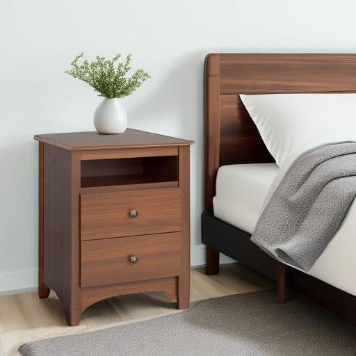 Prepac Sonoma 2-Drawer Nightstand - Modern Cherry Wood Bedside Table with Open Shelf, 23.25