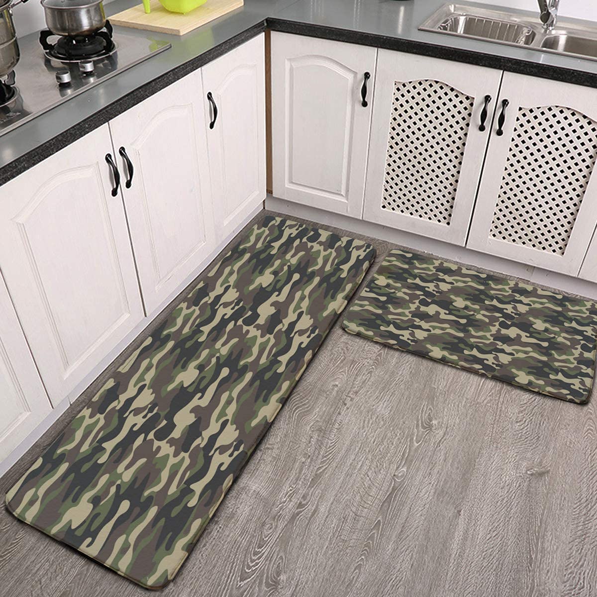Set of 2 Anti-Fatigue Kitchen Rugs & Mats - Cushioned Comfort Floor Runner with Camouflage Print (Green/Brown/Black/Olive) - Waterproof, Non-Slip for Kitchen, Bathroom, Entryway & Standing Work Areas