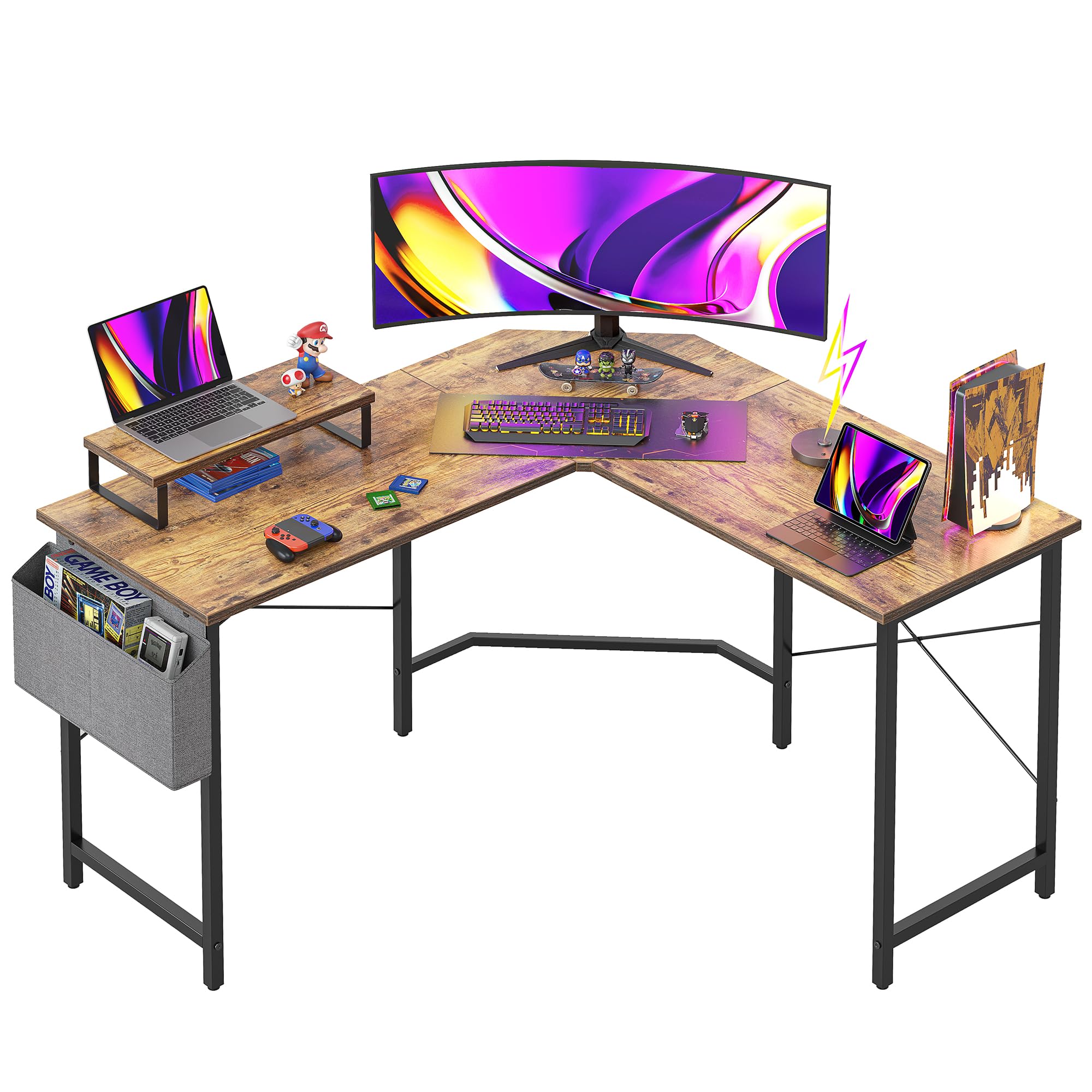 CubiCubi 47.2 Inch L-Shaped Gaming Desk with Monitor Shelf - Corner Computer Desk for Home Office, Study & Workstation - Rustic Brown Finish - Perfect for Small Spaces & Multi-Monitor Setups