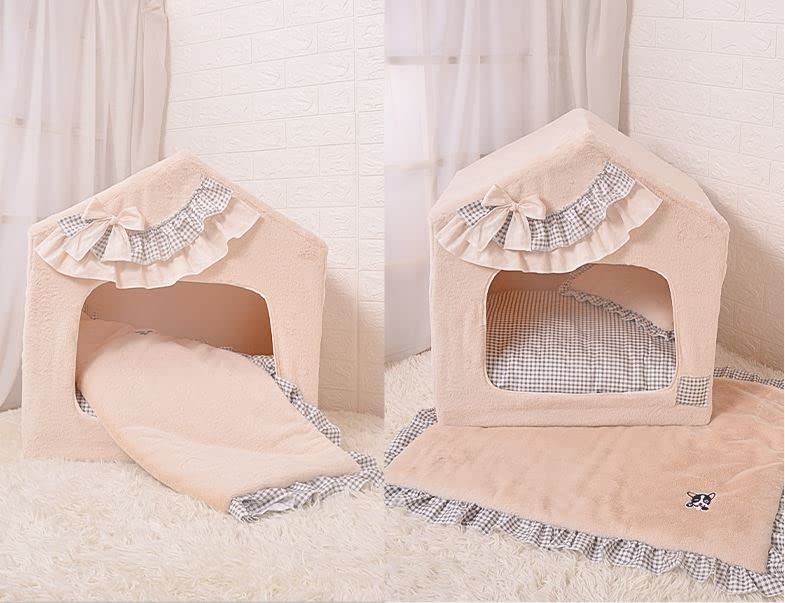 Handmade Princess Pet Bed for Small Dogs & Cats - Cozy Washable Sofa Cushion with Removable Cover, Warm Frame Tent House (Beige Grid, Medium) - Perfect for Indoor Lounging & Nap Time