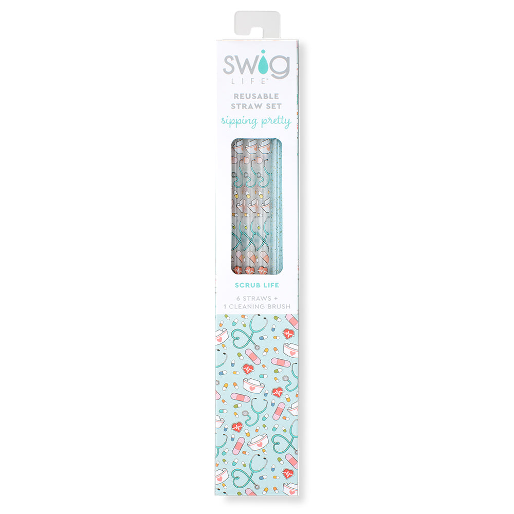 Scrub Life + Aqua Glitter Reusable Straw Set - Eco-Friendly Stainless Steel Drinking Straws for Smoothies, Cocktails & Iced Coffee - Perfect for Home, Office & Travel Use
