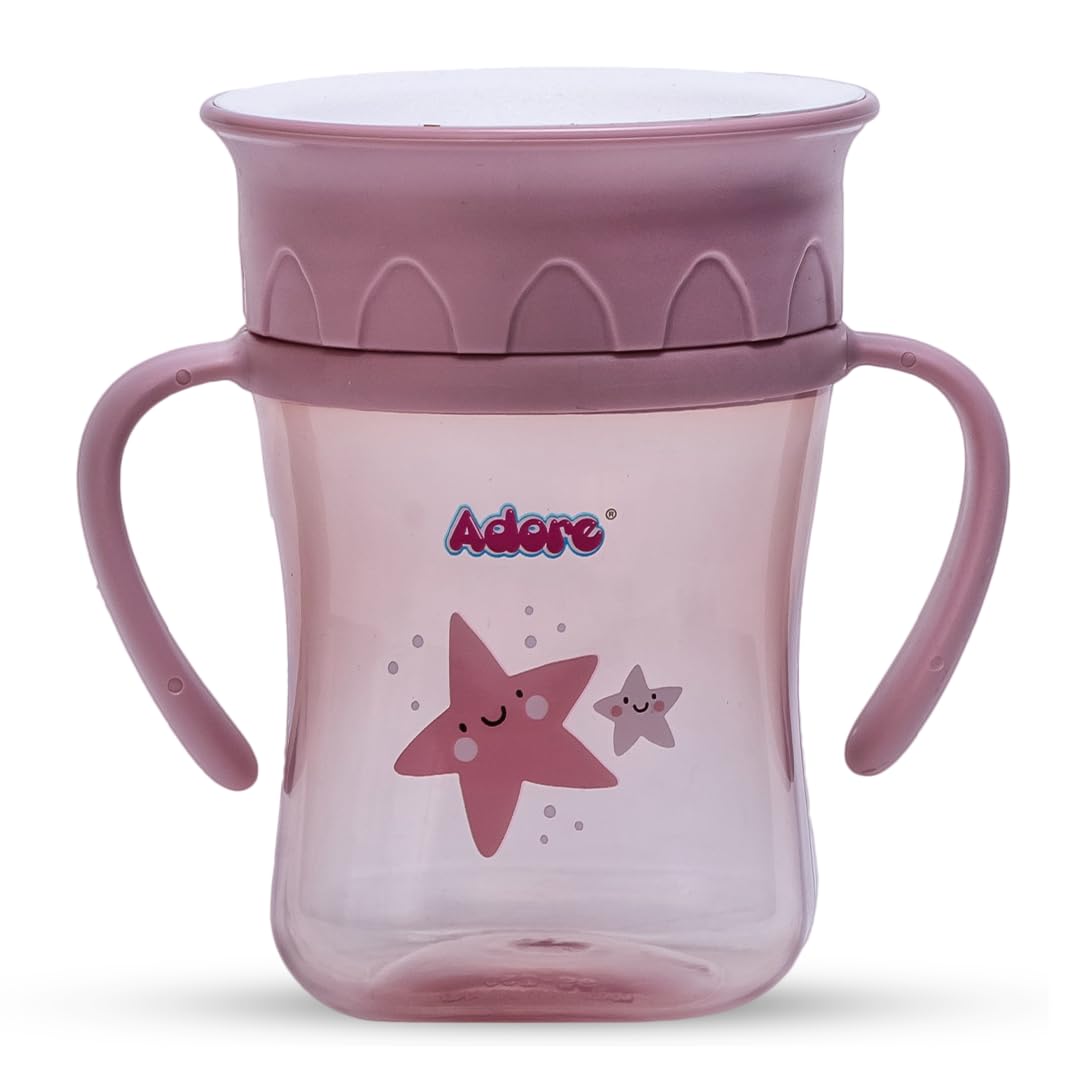 Adore Magic 360 Spoutless Sipper Cup with Handle | Leak-Proof Baby Water Bottle for 6-12 Months | Anti-Spill Straw Cup for Toddlers & Kids | BPA-Free Training Cup (250ml, Pink) | Perfect for Daycare, Travel & Learning Independent Drinking