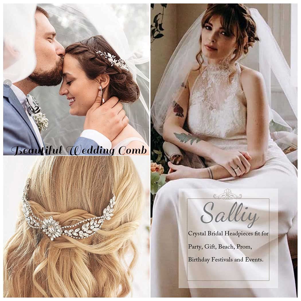 Blue Leaf Bridal Hair Comb with Rhinestones - Wedding Hair Accessories for Women & Girls (Formal Occasions)
