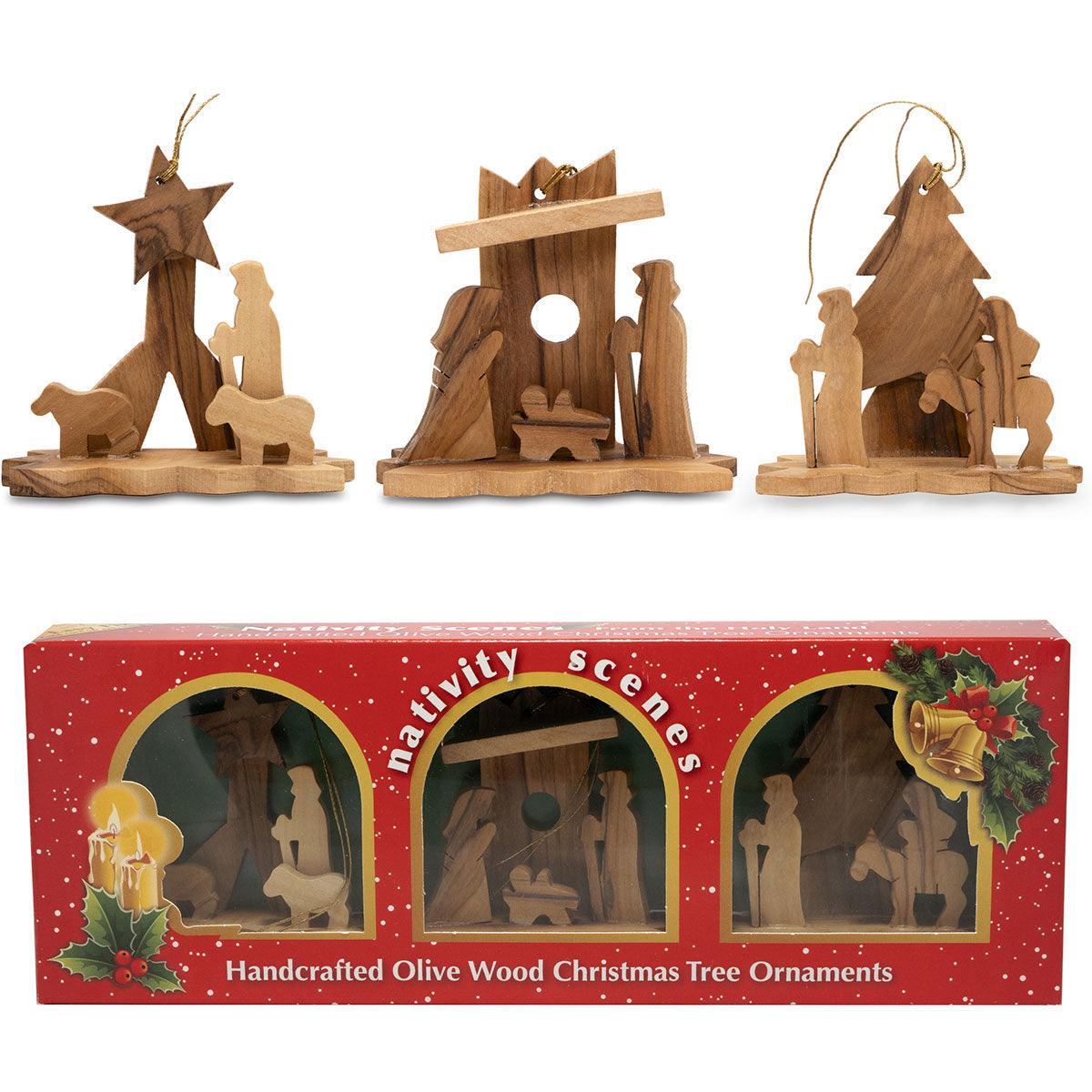 Handcrafted Olive Wood Nativity Scene Christmas Ornaments Set of 3 - Perfect for Tree Decorations, Holiday Gifts & Home Nativity Displays